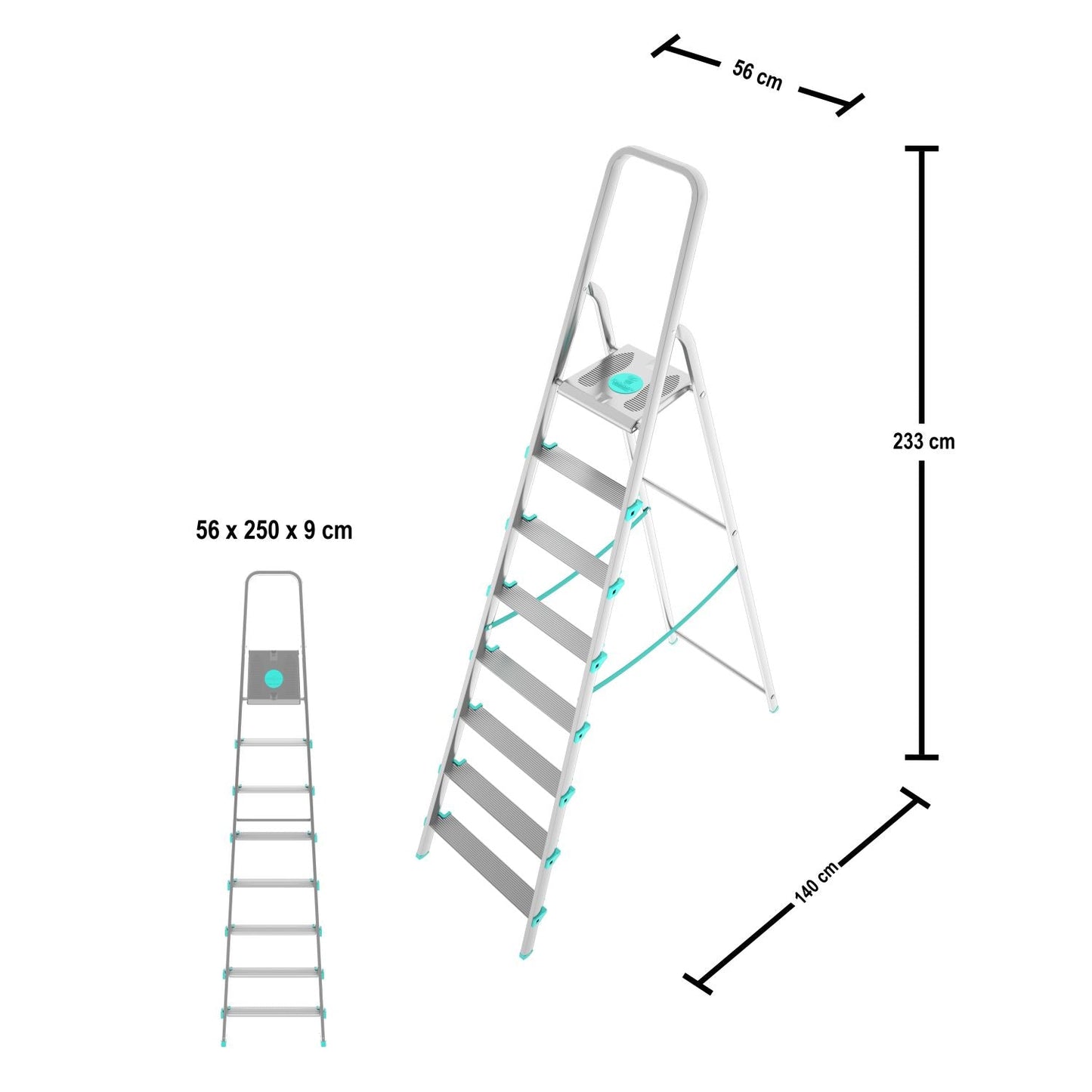 Scala a pioli, 8 gradini, Scaletta Domestica Pieghevole, Altezza 174cm, Portata 150kg, Scaletta alluminio, Colombo LIBELLULA , 3