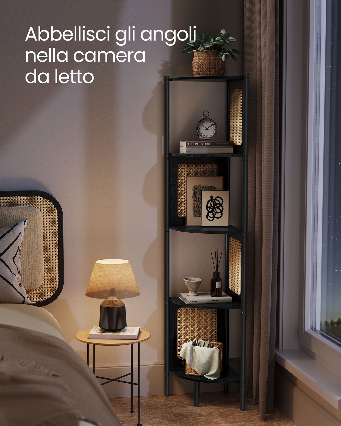 Scaffale Angolare a 5 Ripiani, Libreria con Lati in Polyrattan, Libreria Alta, Aperto libreria, Nero Ebano, VASAGLE, 2