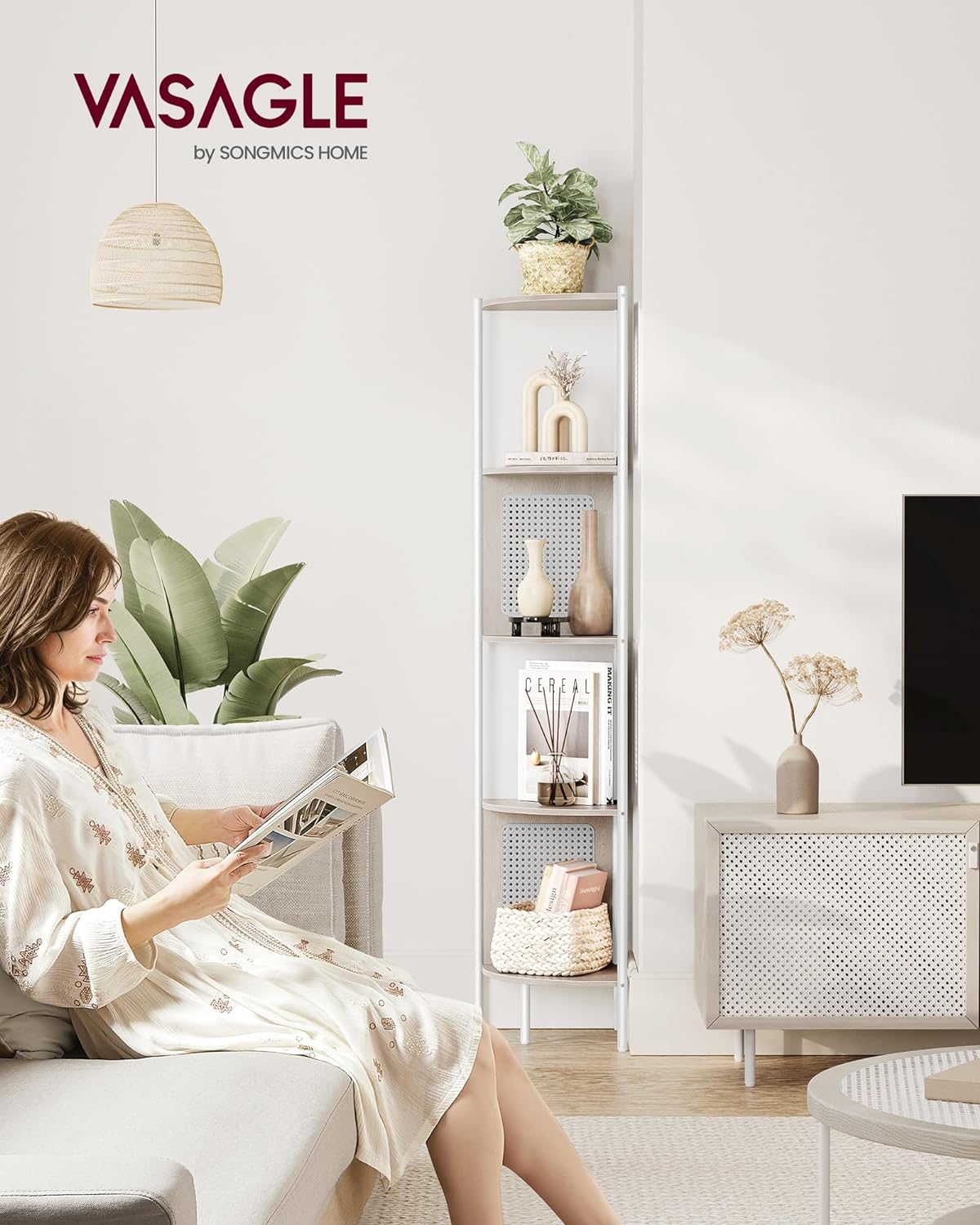 Scaffale Angolare a 5 Ripiani, Libreria con Lati in Polyrattan, Libreria Alta, Beige Farina D'avena, VASAGLE, 3