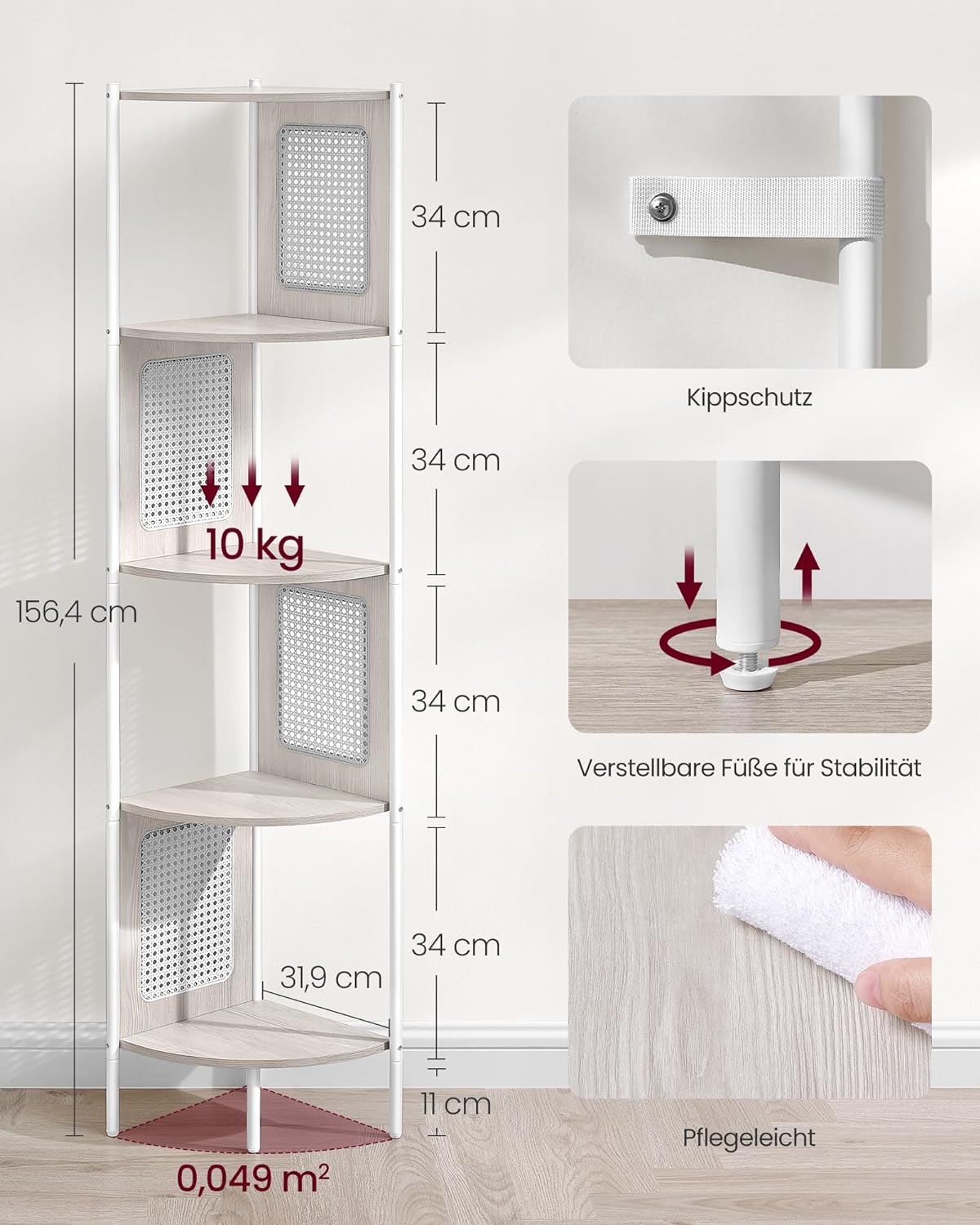 Scaffale Angolare a 5 Ripiani, Libreria con Lati in Polyrattan, Libreria Alta, Beige Farina D'avena, VASAGLE, 4