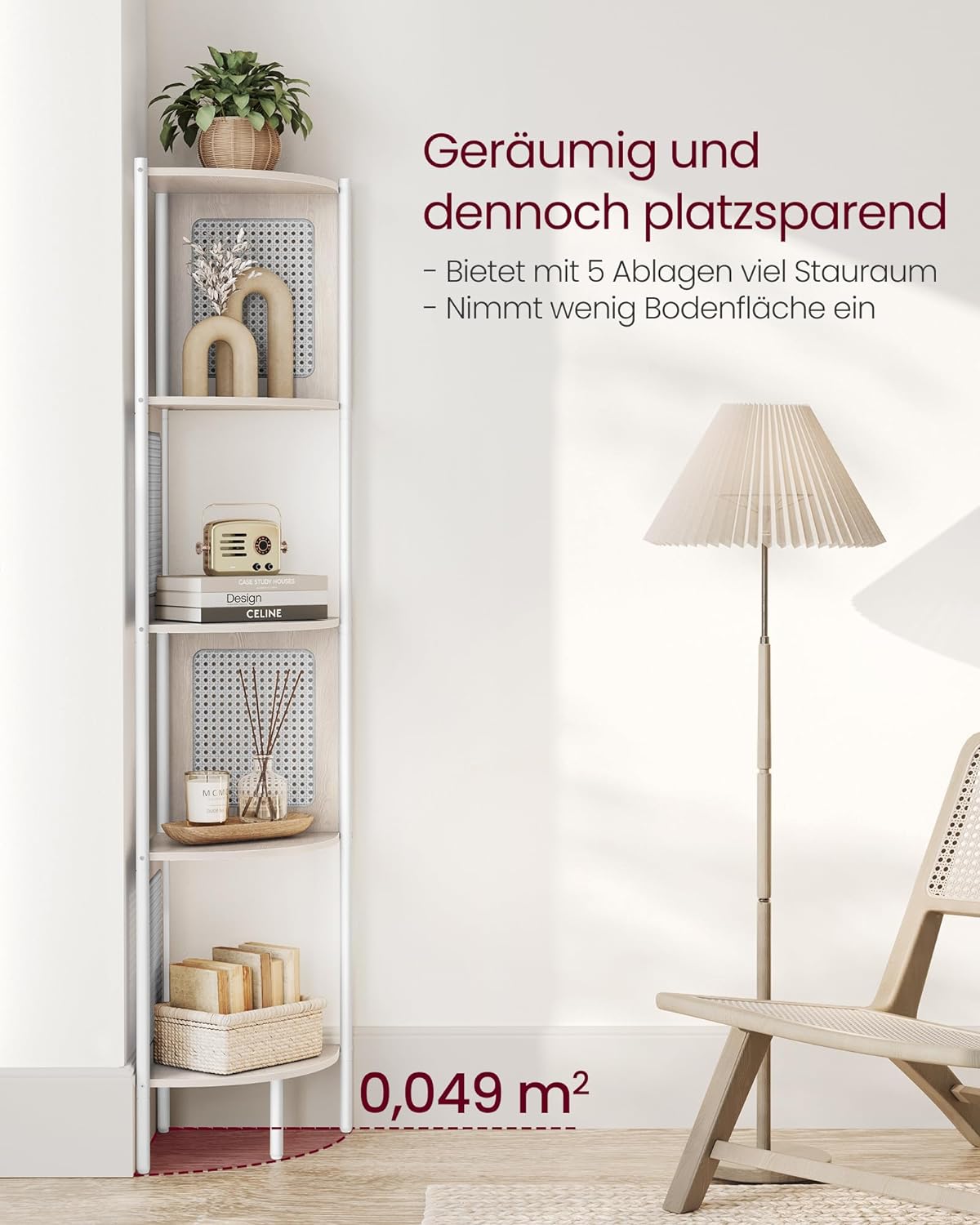 Scaffale Angolare a 5 Ripiani, Libreria con Lati in Polyrattan, Libreria Alta, Beige Farina D'avena, VASAGLE, 1