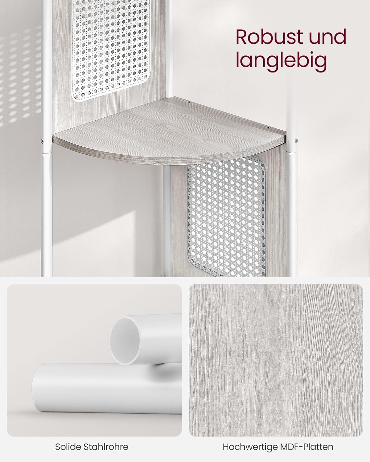 Scaffale Angolare a 5 Ripiani, Libreria con Lati in Polyrattan, Libreria Alta, Beige Farina D'avena, VASAGLE, 5