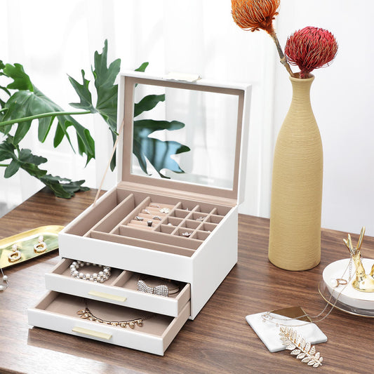 Scatola Portagioie, 3 Livelli, Porta Gioielli,Portagioie da Comò, Coperchio in Vetro, 2 Cassetti, Bianco, SONGMICS, 4