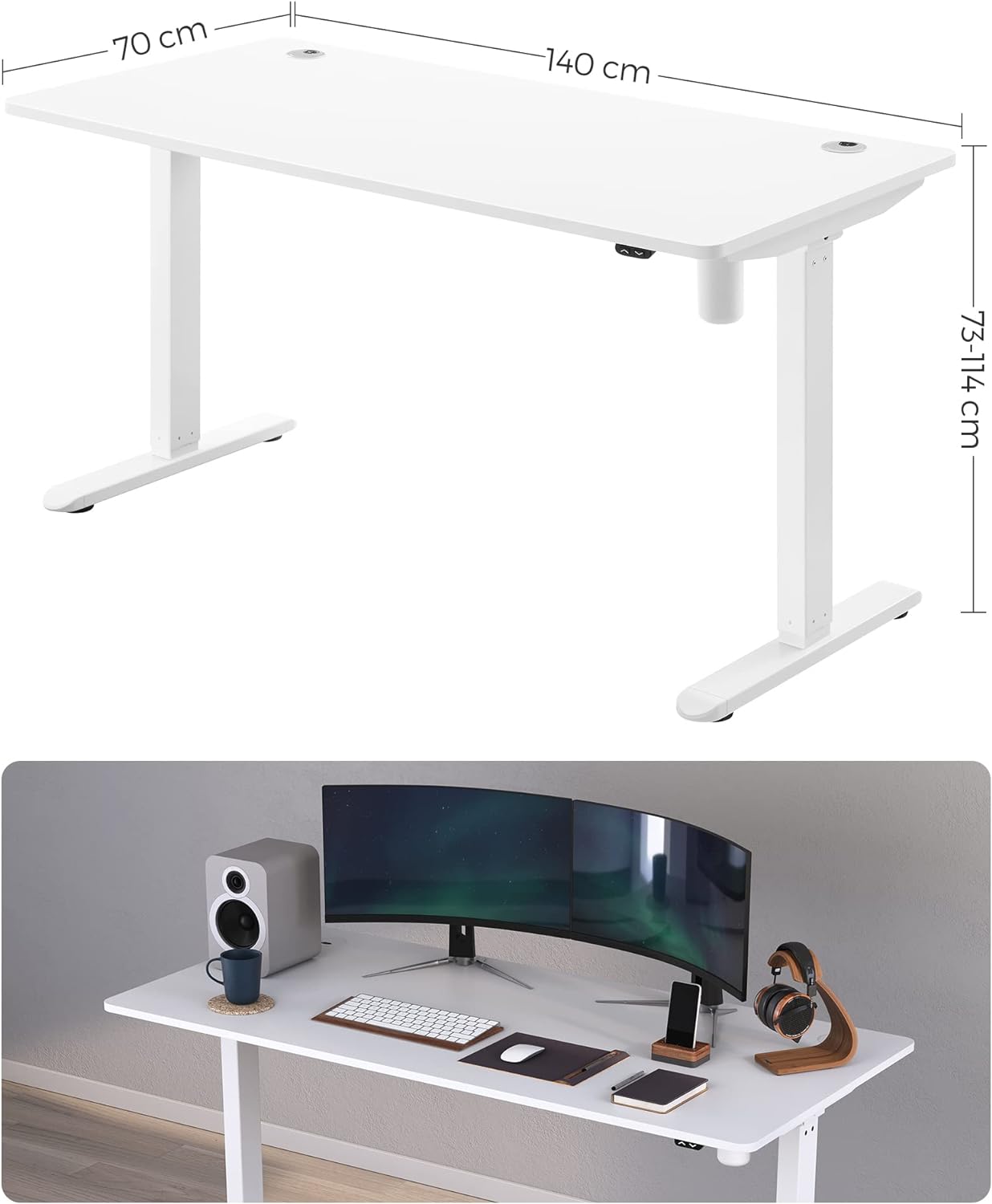 Scrivania Elettrica Regolabile in Altezza, 70 x 140 x (73-114) cm, Supporto per Scrivania, con Piano, Bianco, SONGMICS, 4