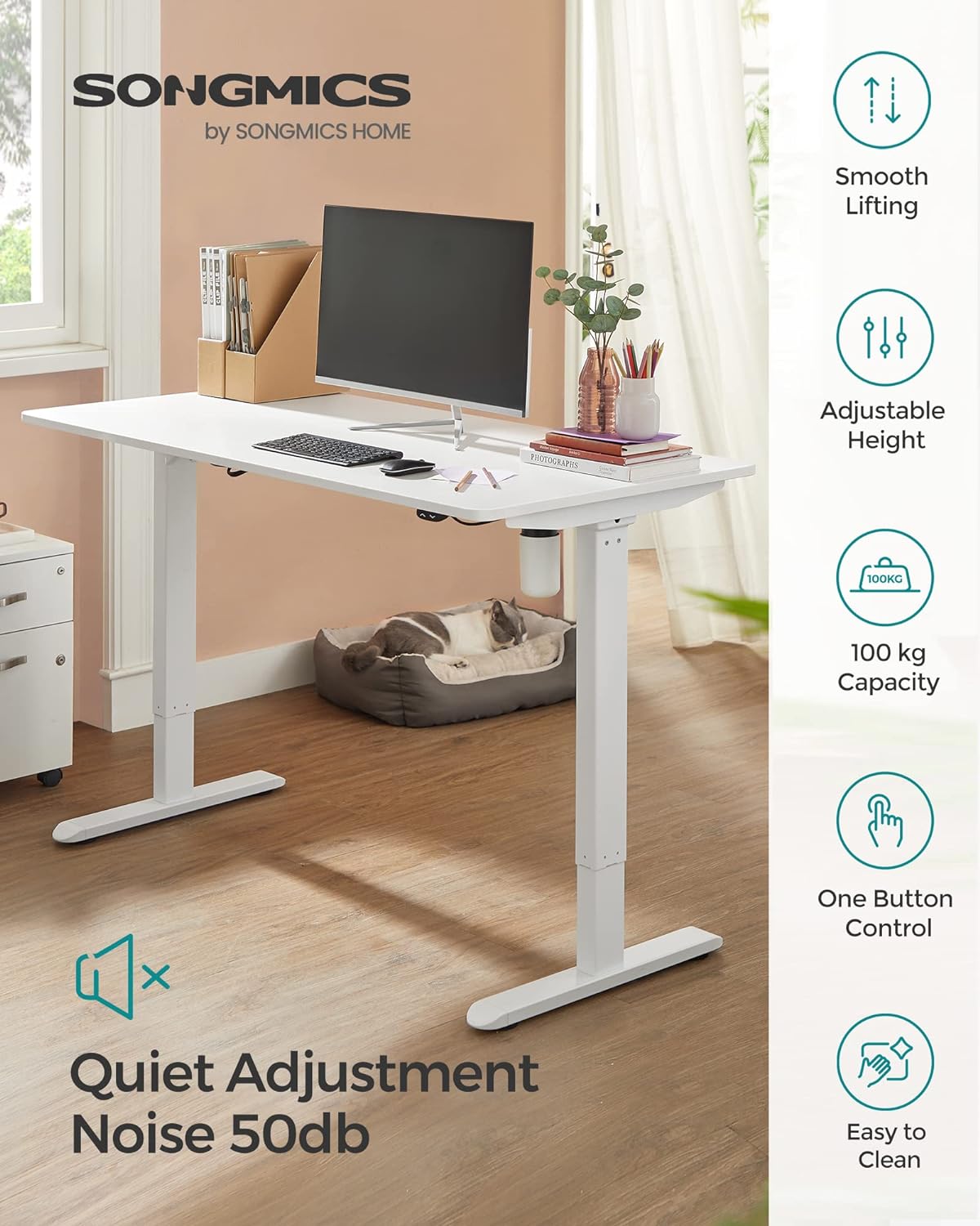Scrivania Elettrica Regolabile in Altezza, 70 x 140 x (73-114) cm, Supporto per Scrivania, con Piano, Bianco, SONGMICS, 5