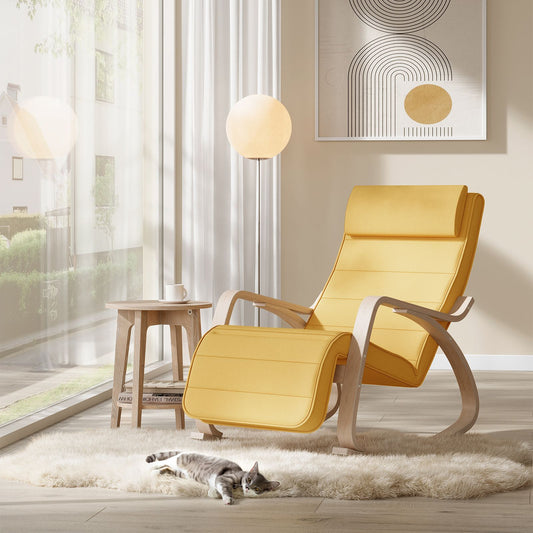 Sedia a dondolo, braccioli in legno, Poggiapiedi regolabile, Portata 150 kg, Giallo Pastello Naturale, Songmics, 3