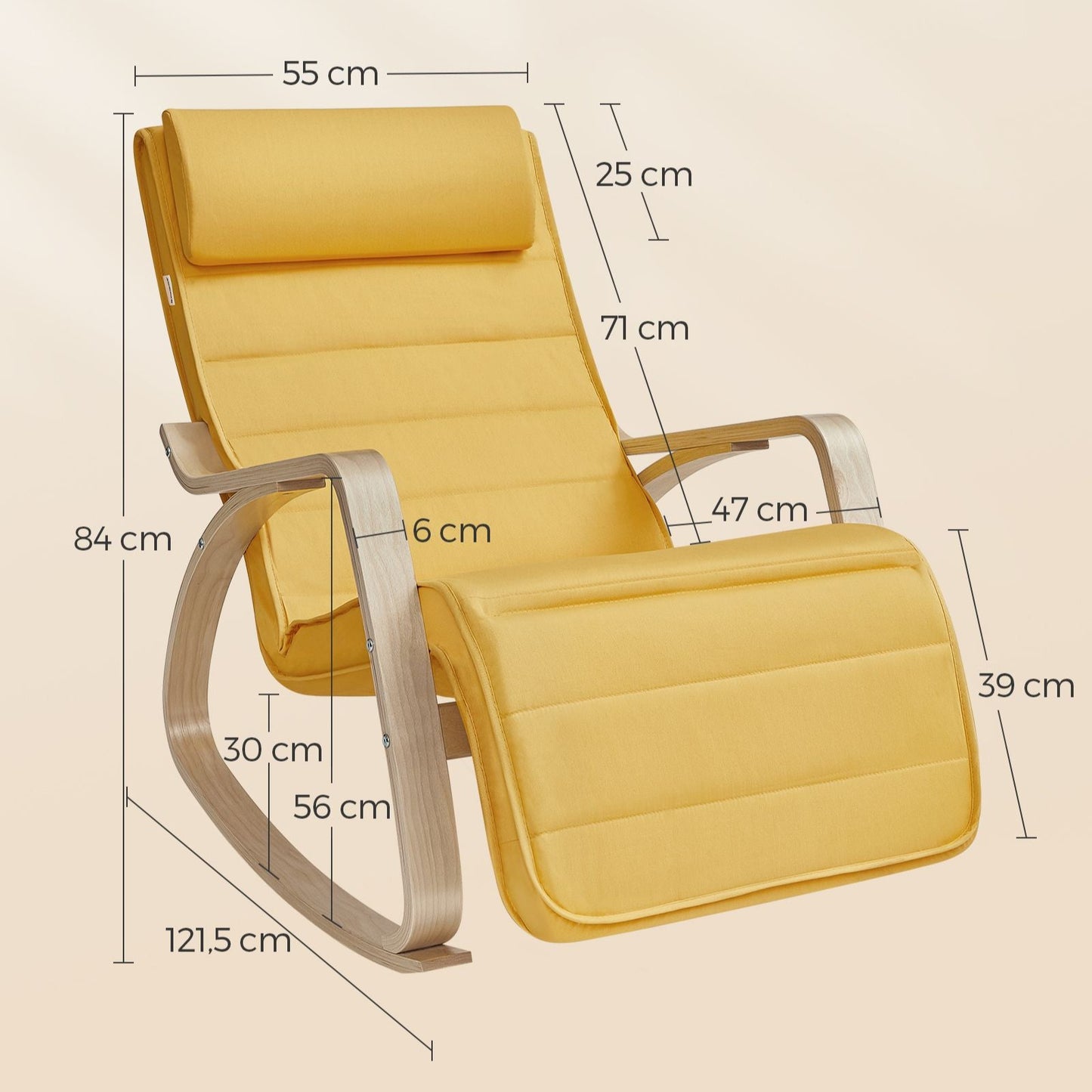 Sedia a dondolo, braccioli in legno, Poggiapiedi regolabile, Portata 150 kg, Giallo Pastello Naturale, Songmics, 4