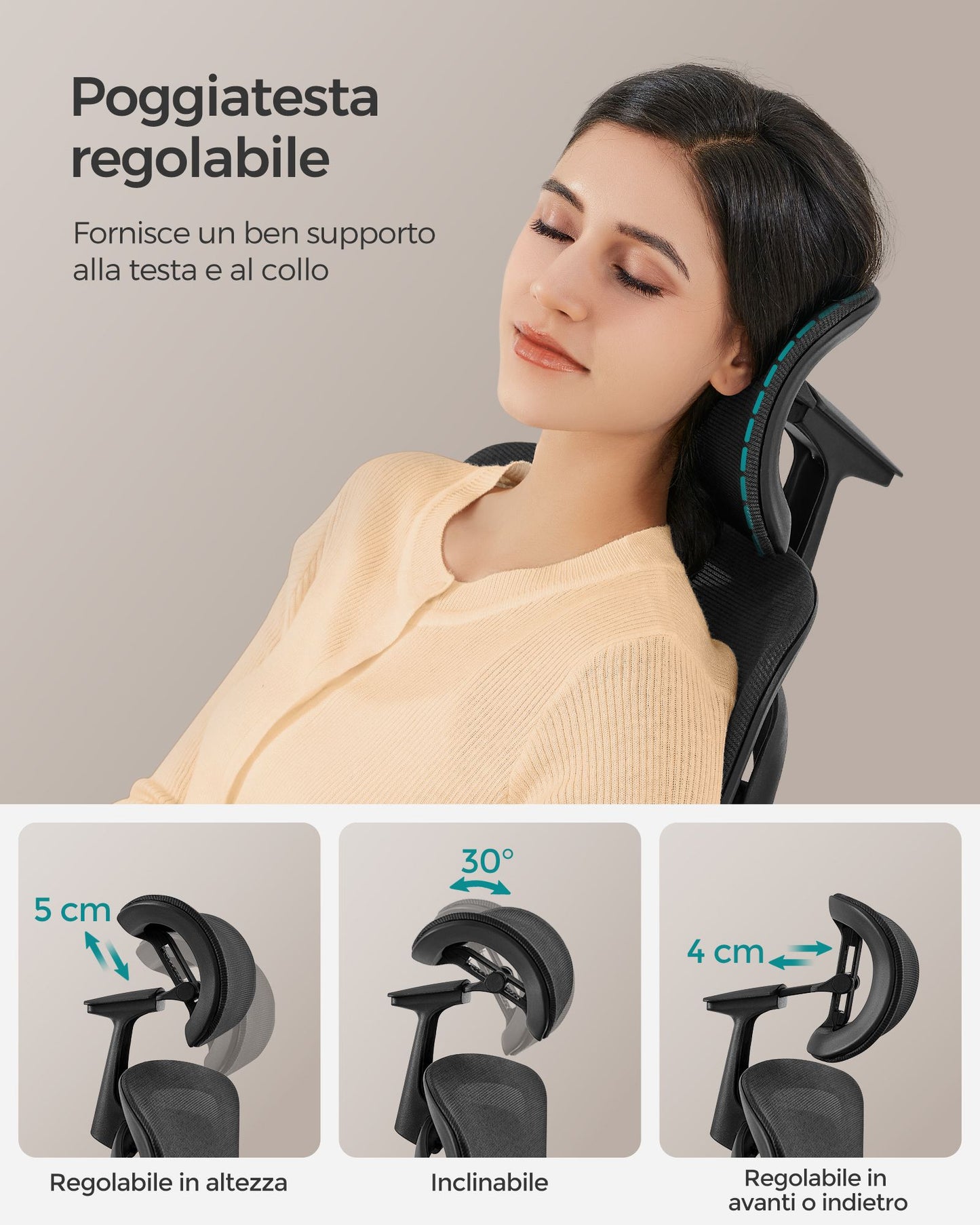 Sedia da ufficio, Sedia da ufficio ergonomica, regolabile, reclinabile, 150 kg, Sedia gaming, Nero inchiostro, Songmics, 6