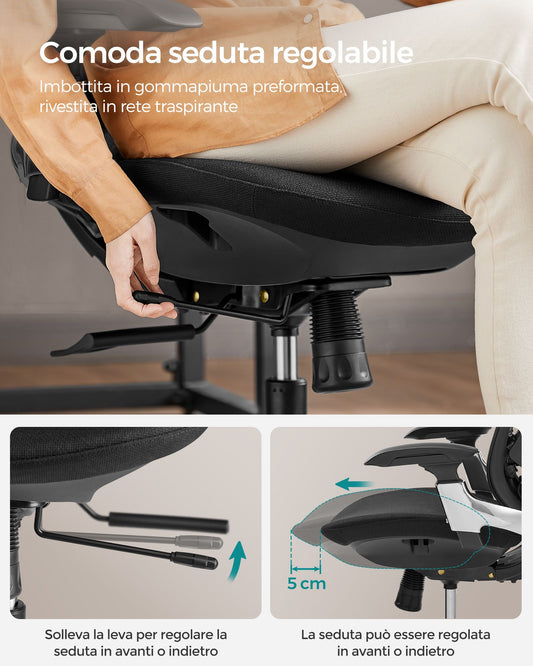 Sedia da ufficio, Sedia da ufficio ergonomica, regolabile, reclinabile, 150 kg, Sedia gaming, Nero inchiostro, Songmics, 1