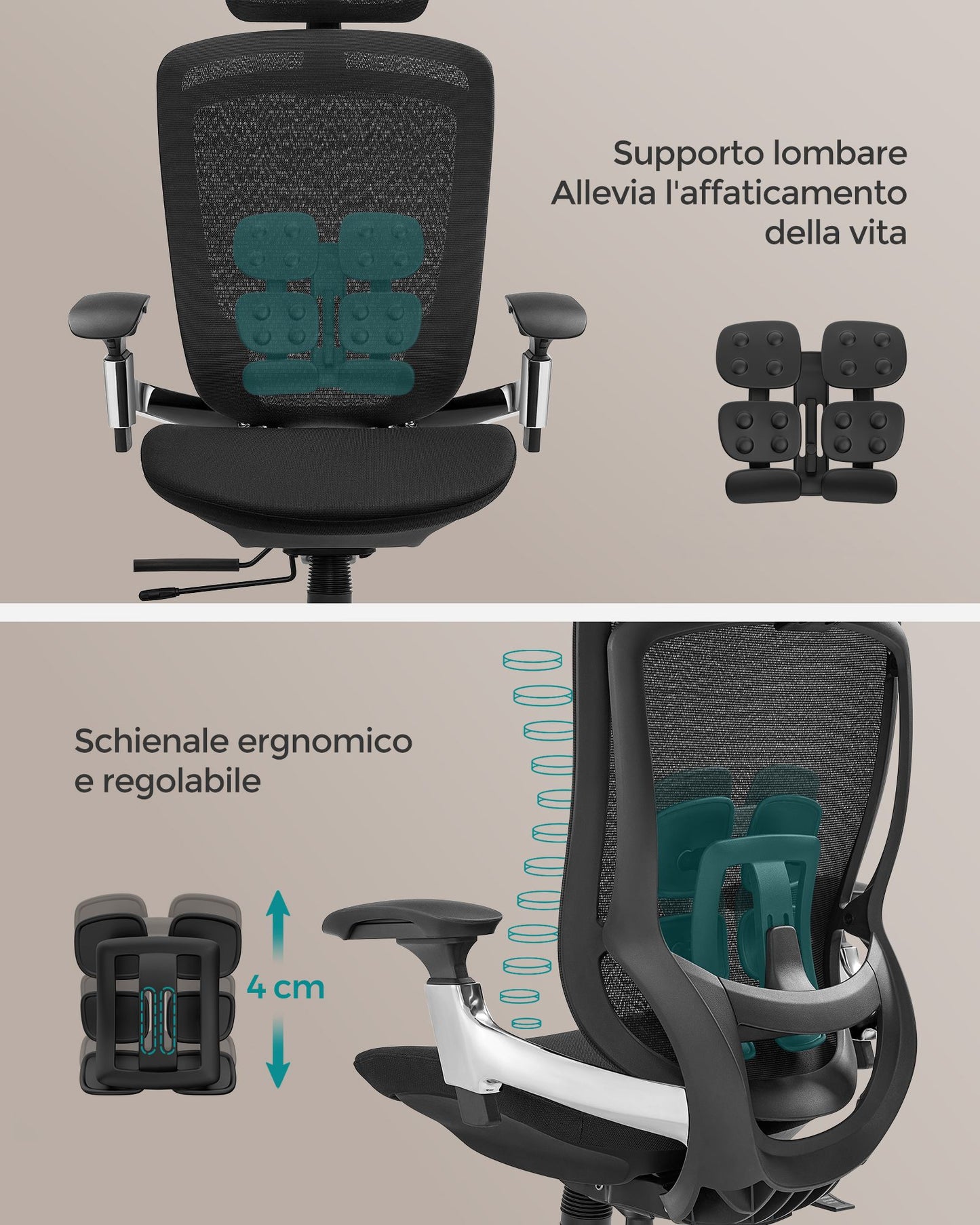 Sedia da ufficio, Sedia da ufficio ergonomica, regolabile, reclinabile, 150 kg, Sedia gaming, Nero inchiostro, Songmics, 2