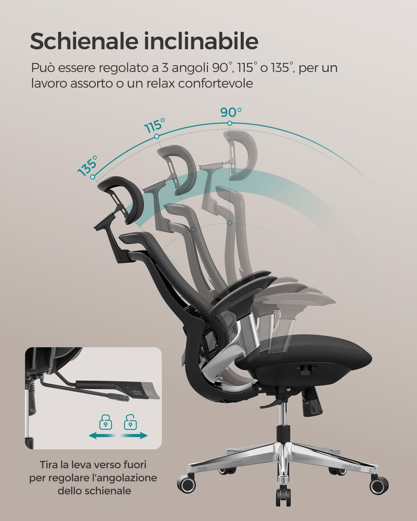 Sedia da ufficio, Sedia da ufficio ergonomica, regolabile, reclinabile, 150 kg, Sedia gaming, Nero inchiostro, Songmics, 3