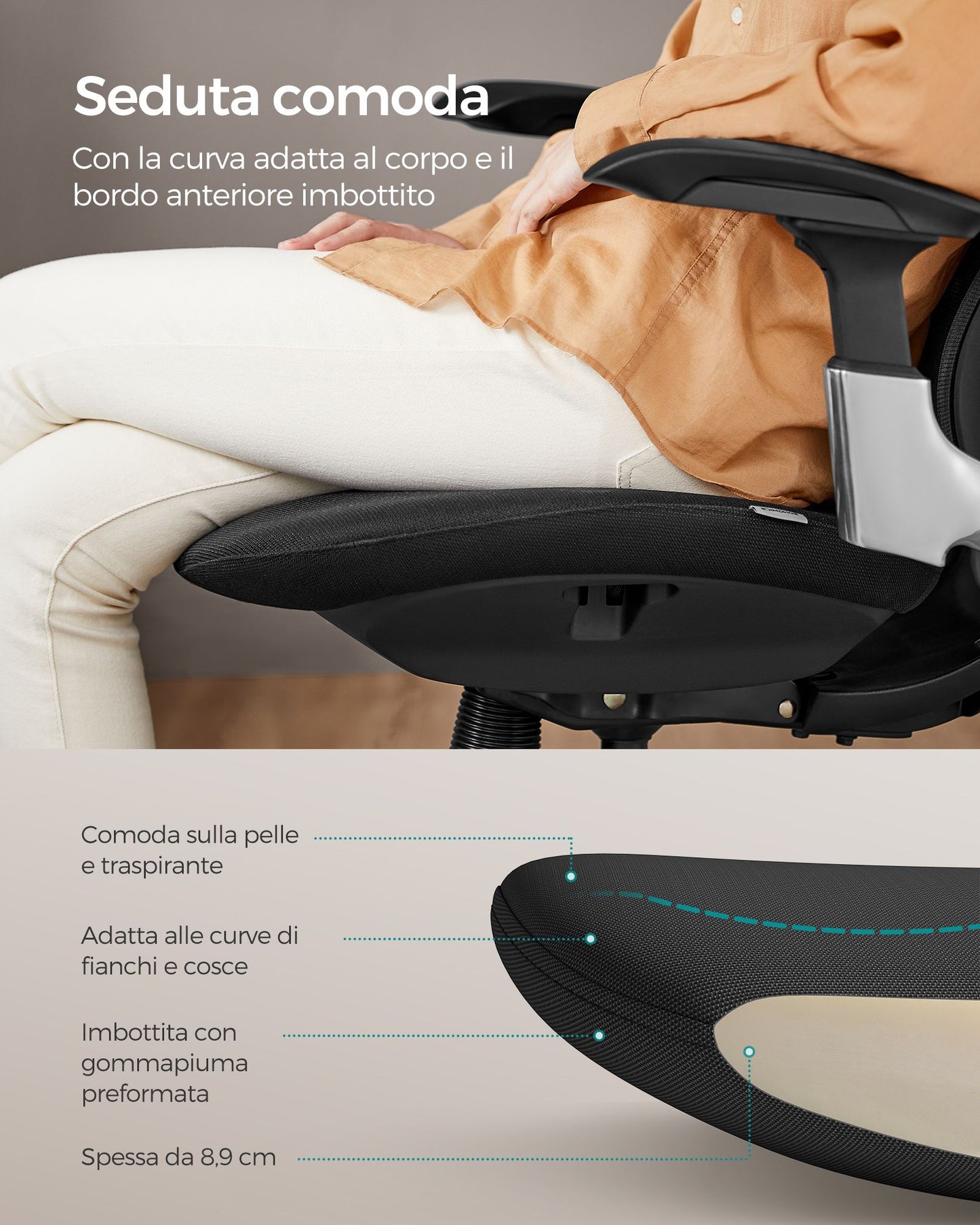 Sedia da ufficio, Sedia da ufficio ergonomica, regolabile, reclinabile, 150 kg, Sedia gaming, Nero inchiostro, Songmics, 5