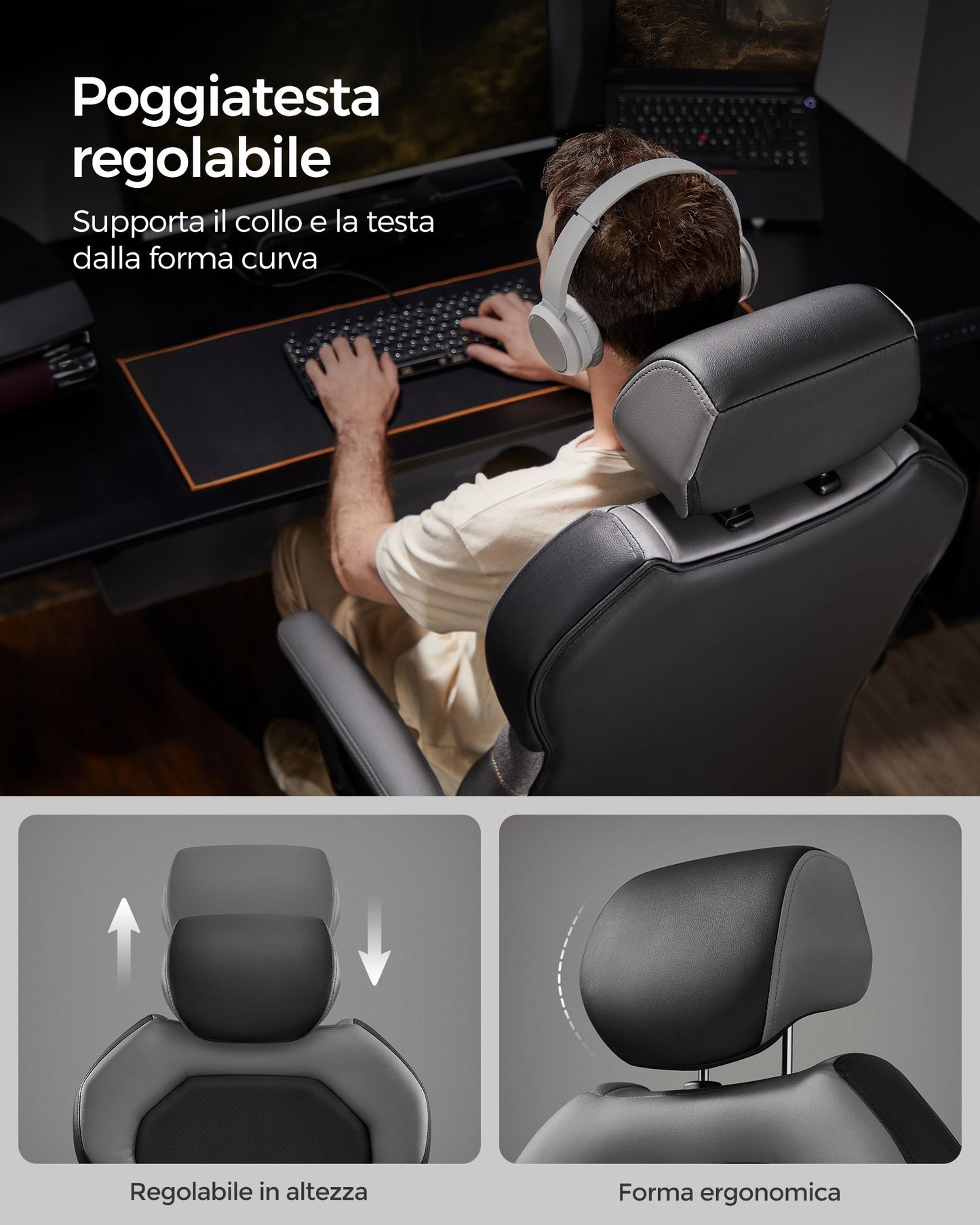 Sedia da ufficio, Sedia ergonomica, Sedia gaming, Cotone e lino, Poggiatesta regolabile, Braccioli imbottiti, Songmics, 4