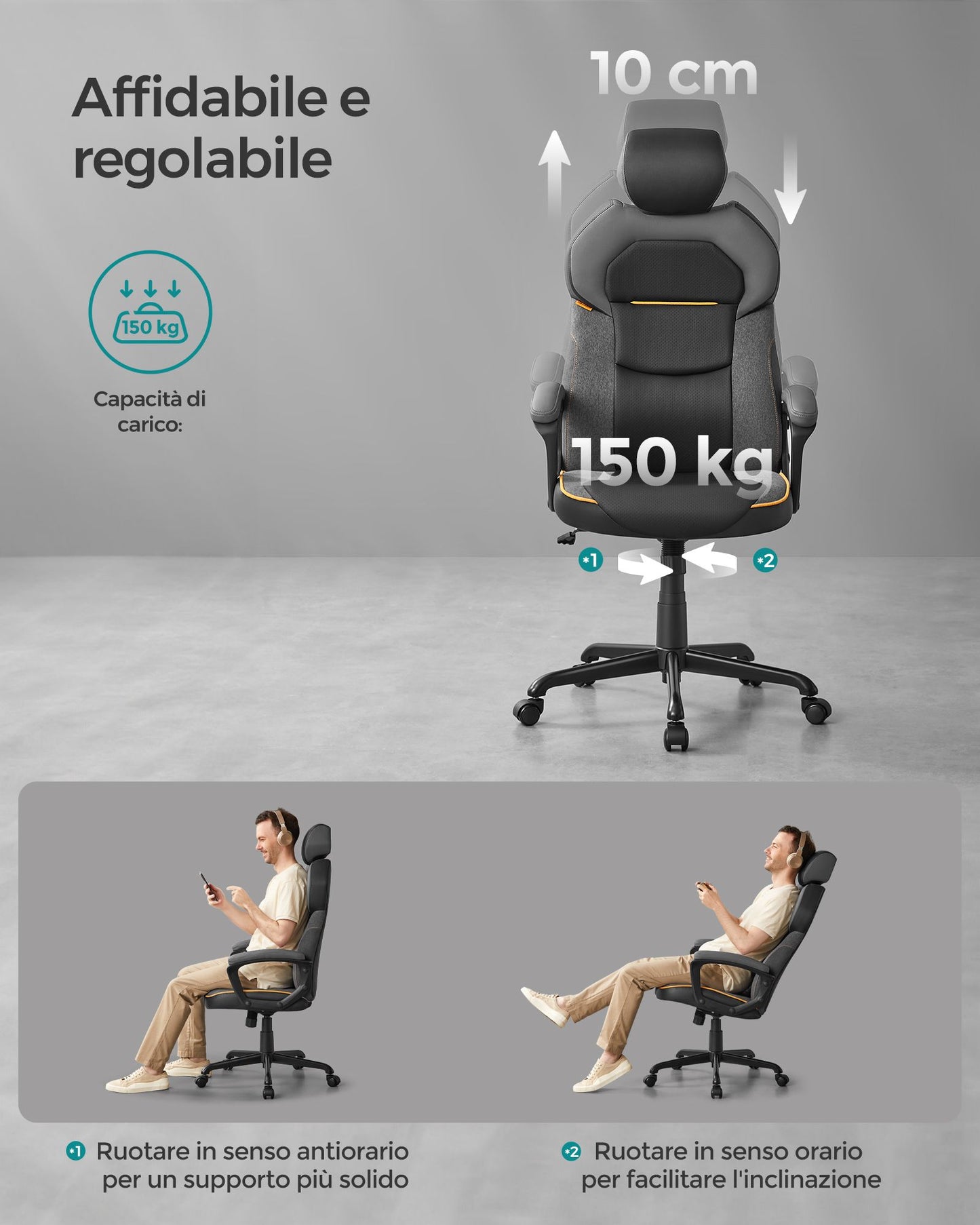 Sedia da ufficio, Sedia ergonomica, Sedia gaming, Cotone e lino, Poggiatesta regolabile, Braccioli imbottiti, Songmics, 5
