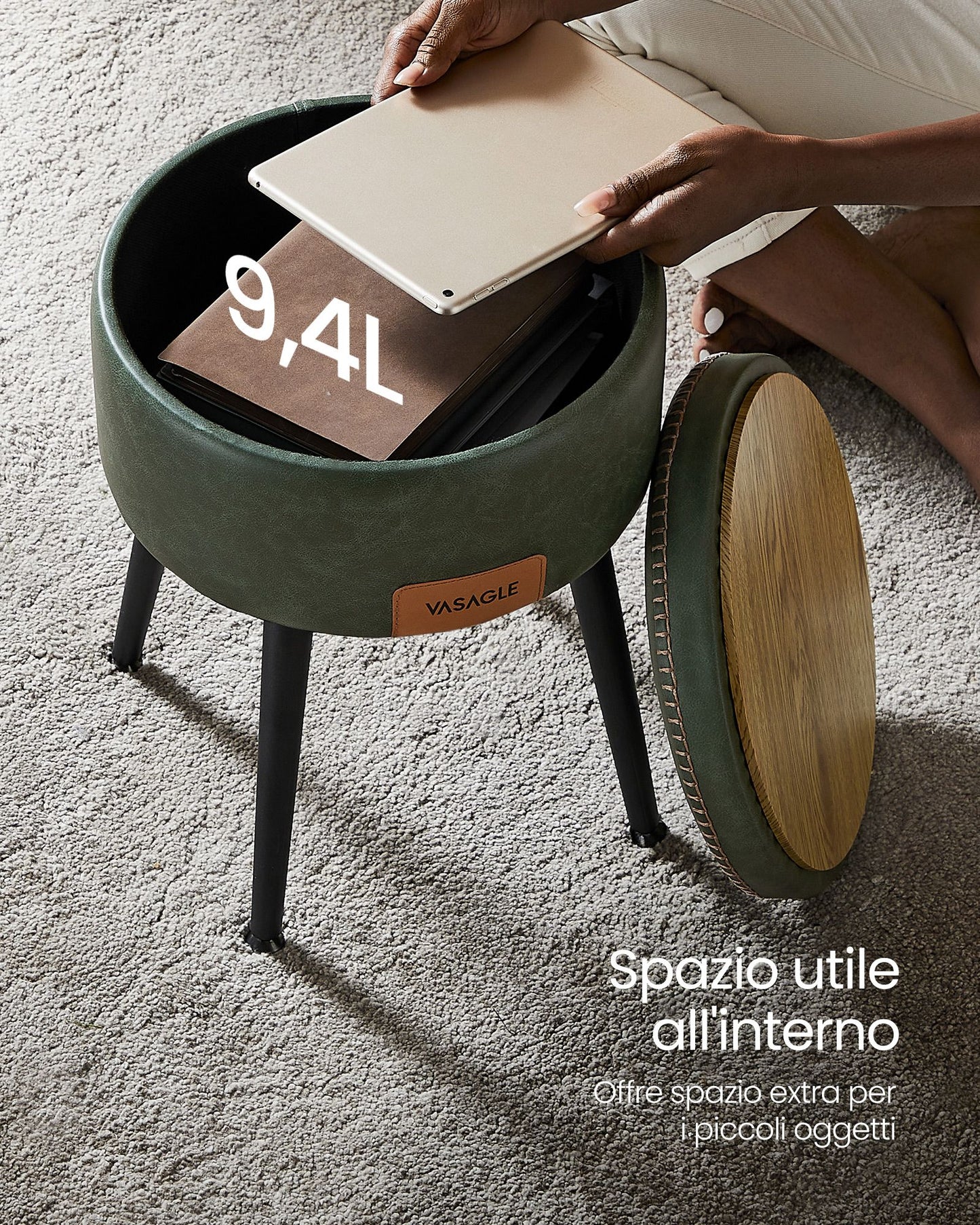 Panca, Seduta, Panchina letto, Sgabello, Pouf contenitore, PU, Poggiapiedi, Gambe in acciaio, Portata 150 kg, Vasagle, 8