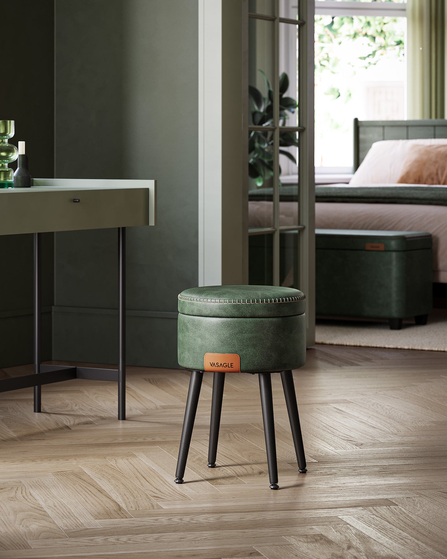 Panca, Seduta, Panchina letto, Sgabello, Pouf contenitore, PU, Poggiapiedi, Gambe in acciaio, Portata 150 kg, Vasagle, 3