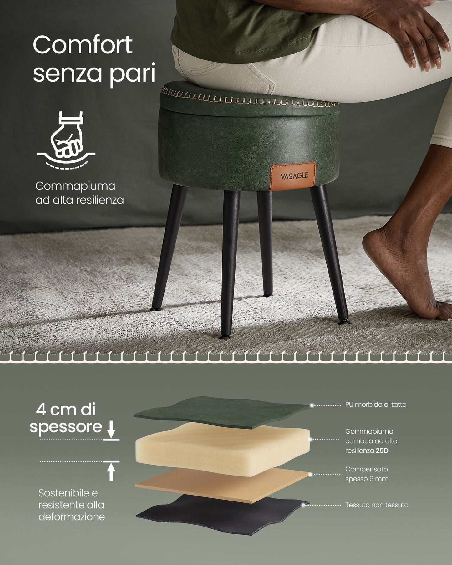 Panca, Seduta, Panchina letto, Sgabello, Pouf contenitore, PU, Poggiapiedi, Gambe in acciaio, Portata 150 kg, Vasagle, 6
