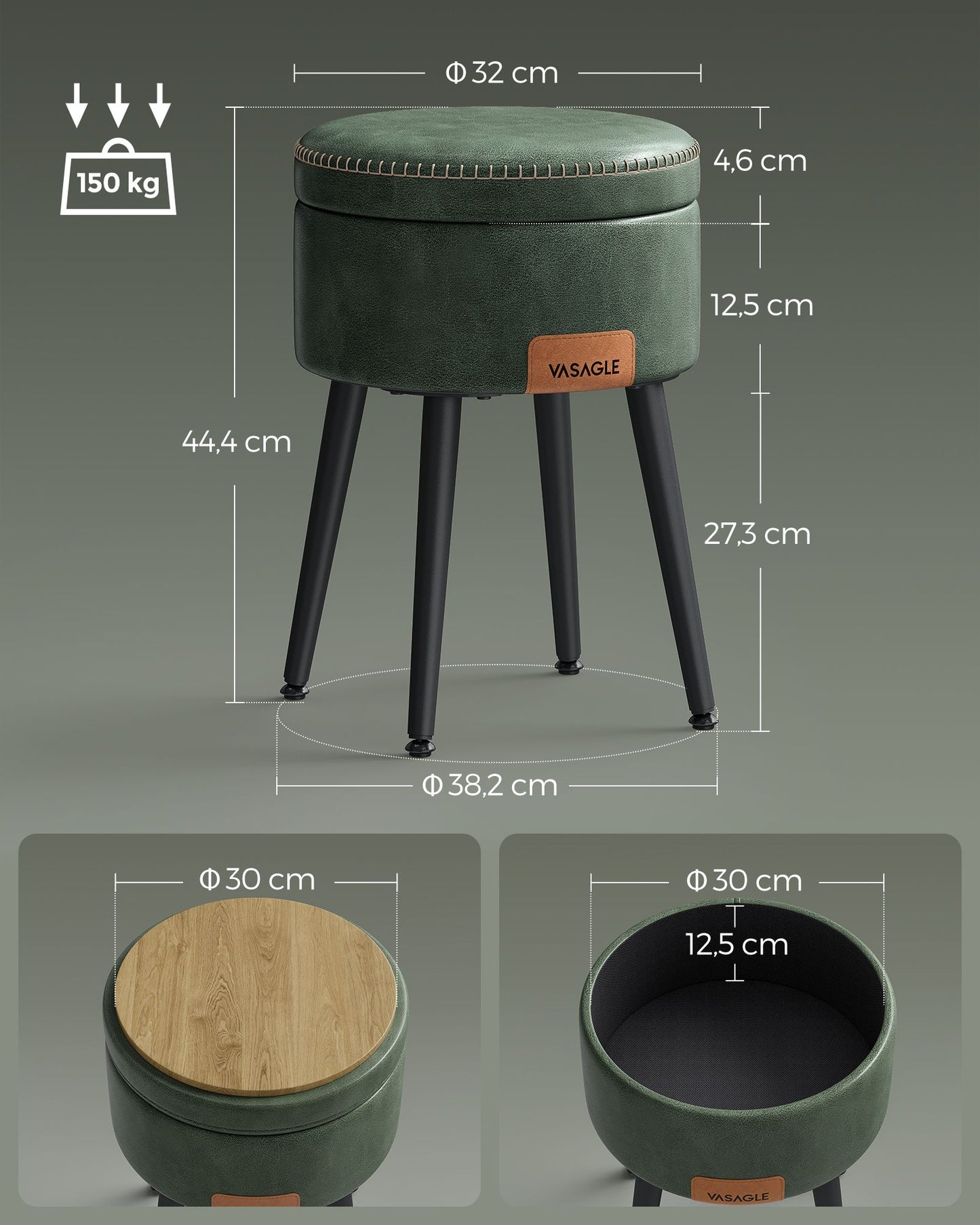 Panca, Seduta, Panchina letto, Sgabello, Pouf contenitore, PU, Poggiapiedi, Gambe in acciaio, Portata 150 kg, Vasagle, 7