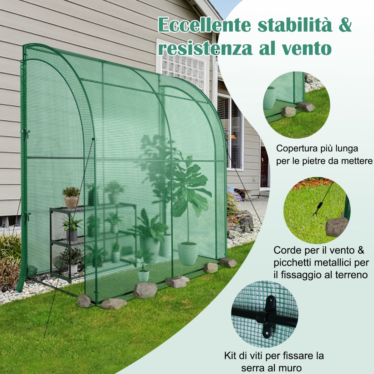 Serra a scomparsa con portafiori copertura in PE resistente alle intemperie, Serra a muro portatile, Costway, 8