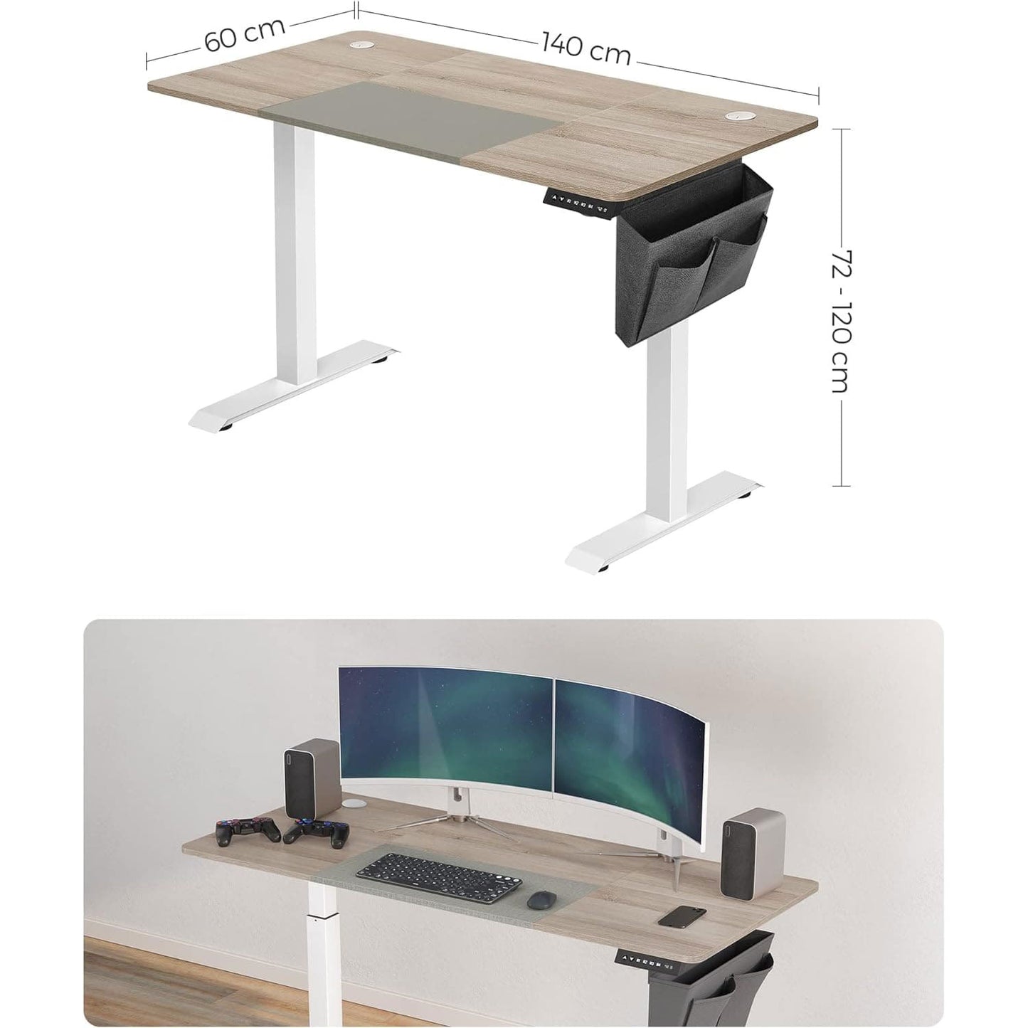 SONGMICS - Scrivania elettrica, Regolabile in altezza, Scrivania, Piano giuntato, Memory con 4 altezze, Scrivania ufficio
