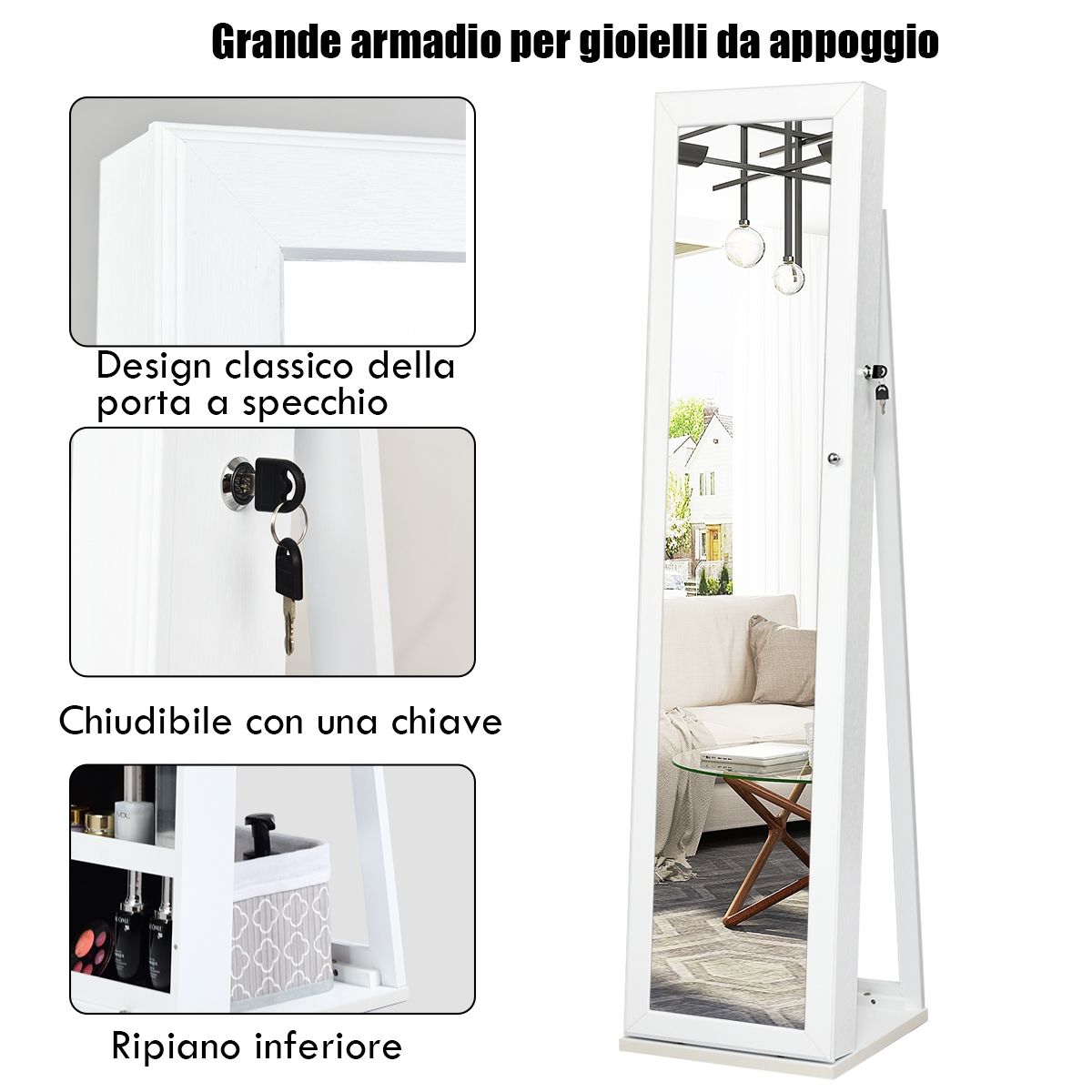 Specchio portagioie, Armadio portagioie 2 in 1 con 30 ganci per collane, Armadietto Portagioie, Bianco, Costway, 8
