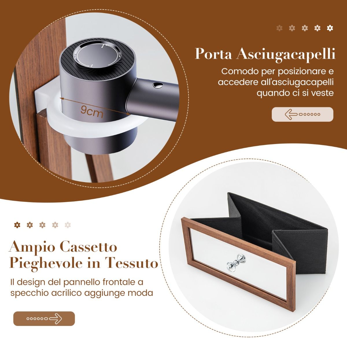 Specchio portagioie, Armadio portagioie, Armadietto Portagioie girevole a 360°, Specchio Portagioie da Terra, Costway, 7