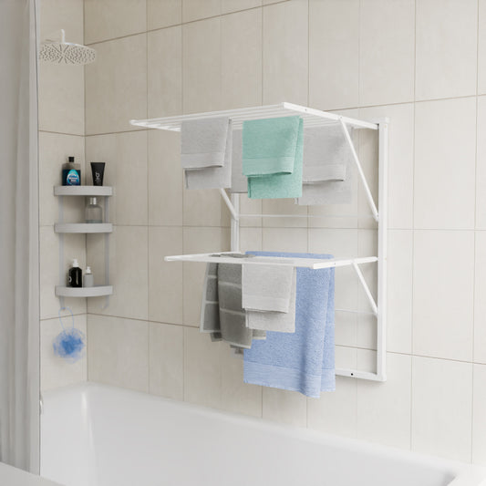 Stendibiancheria da parete, 11 metri di filo stendibile, laccato bianco, stendino a muro, Kewin ARIT