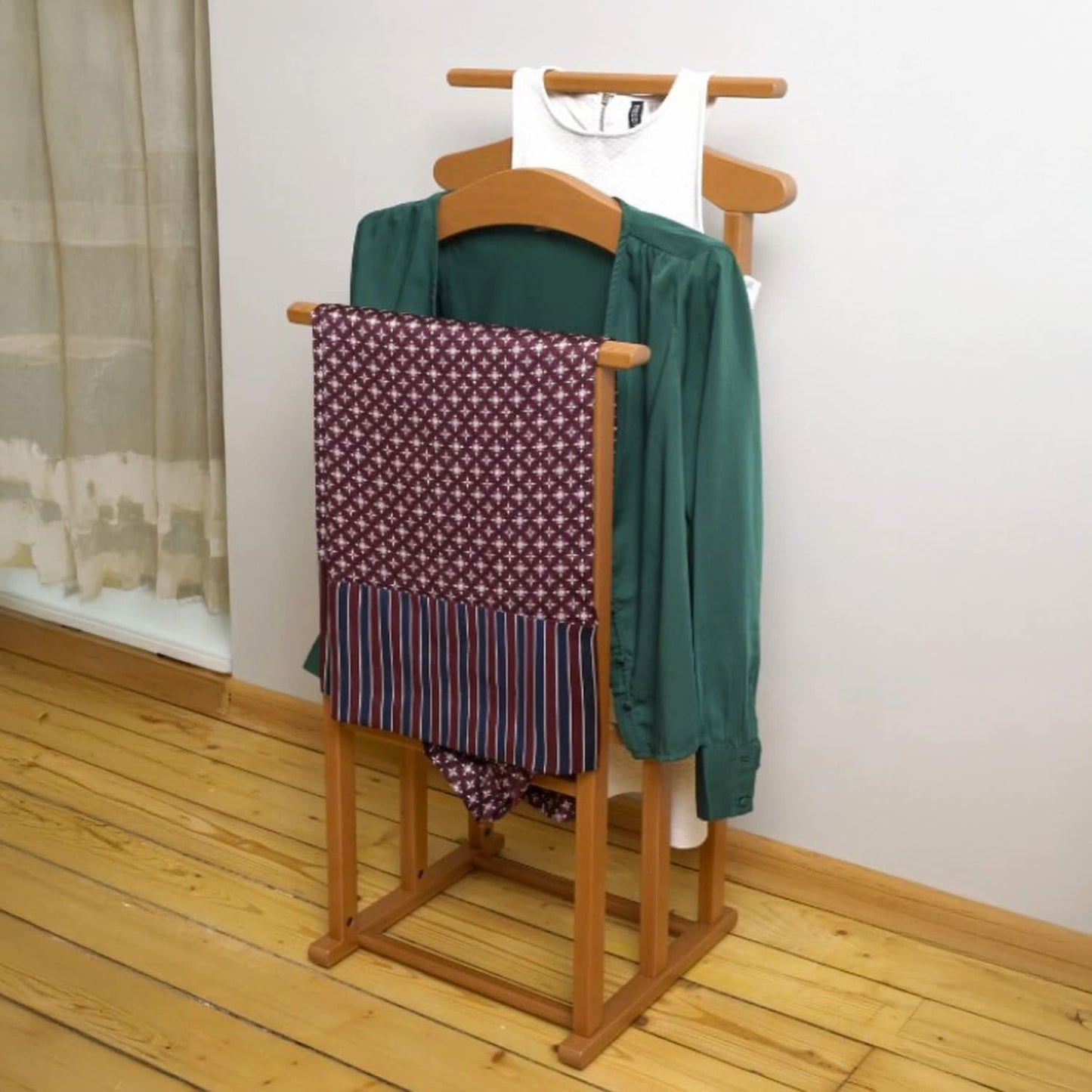 Servomuto, Made in Italy, Indossatore da Camera, 2 gruccie e 2 portapantaloni, Faggio massiccio, Ciliegio, Tatkraft Duke, 6