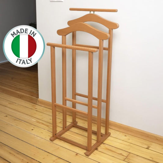 Servomuto, Made in Italy, Indossatore da Camera, 2 gruccie e 2 portapantaloni, Faggio massiccio, Ciliegio, Tatkraft Duke, 2