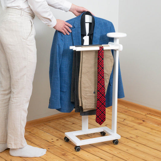 Servomuto, Indossatore, Composto da 1 gruccia, 3 portapantaloni e ripiano portaoggetti, Colore bianco laccato, Tatkraft Graf, 3