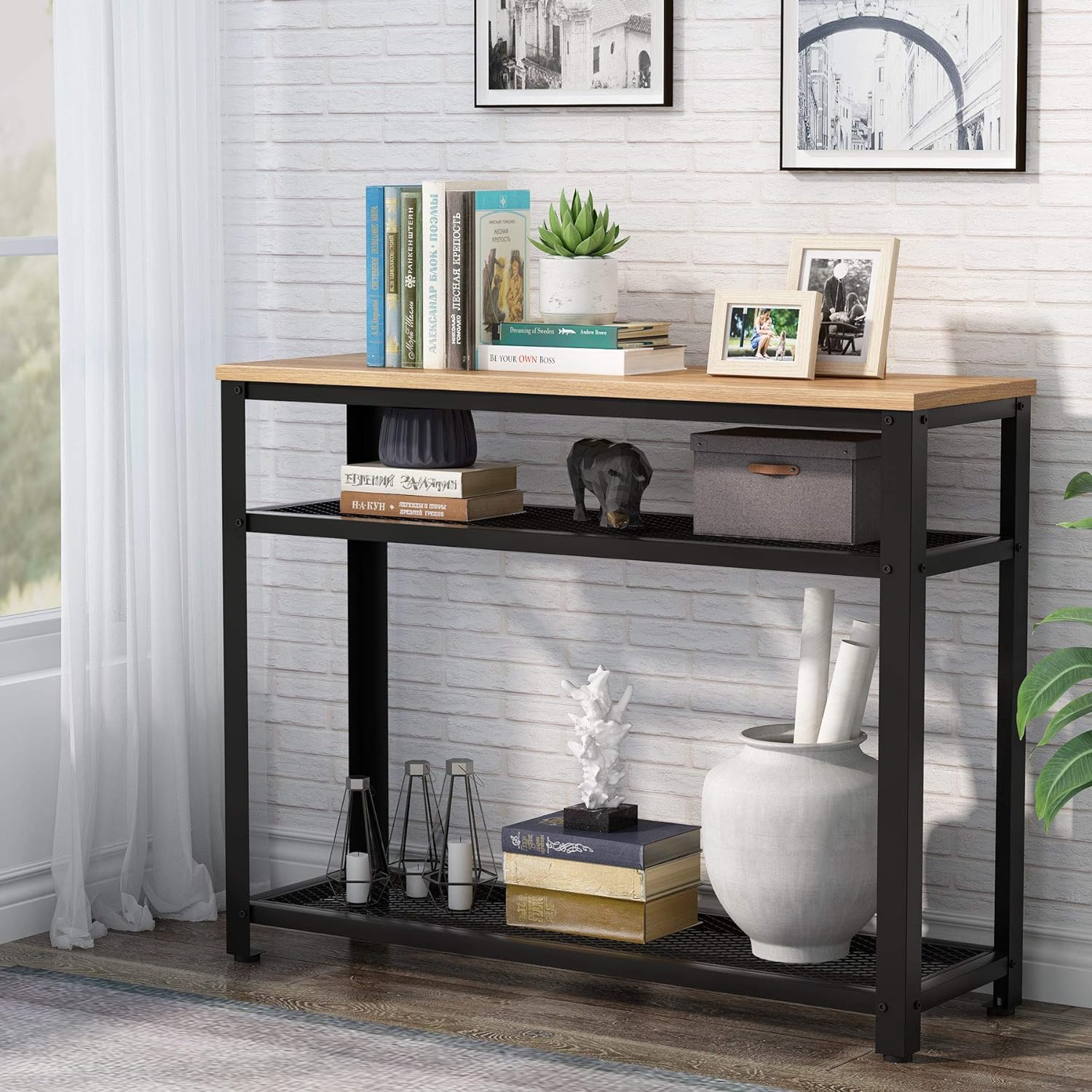 Tavolo Console Stretto 80x30cm - Stile Industriale Nero Con 3 Ripiani - Foto 4