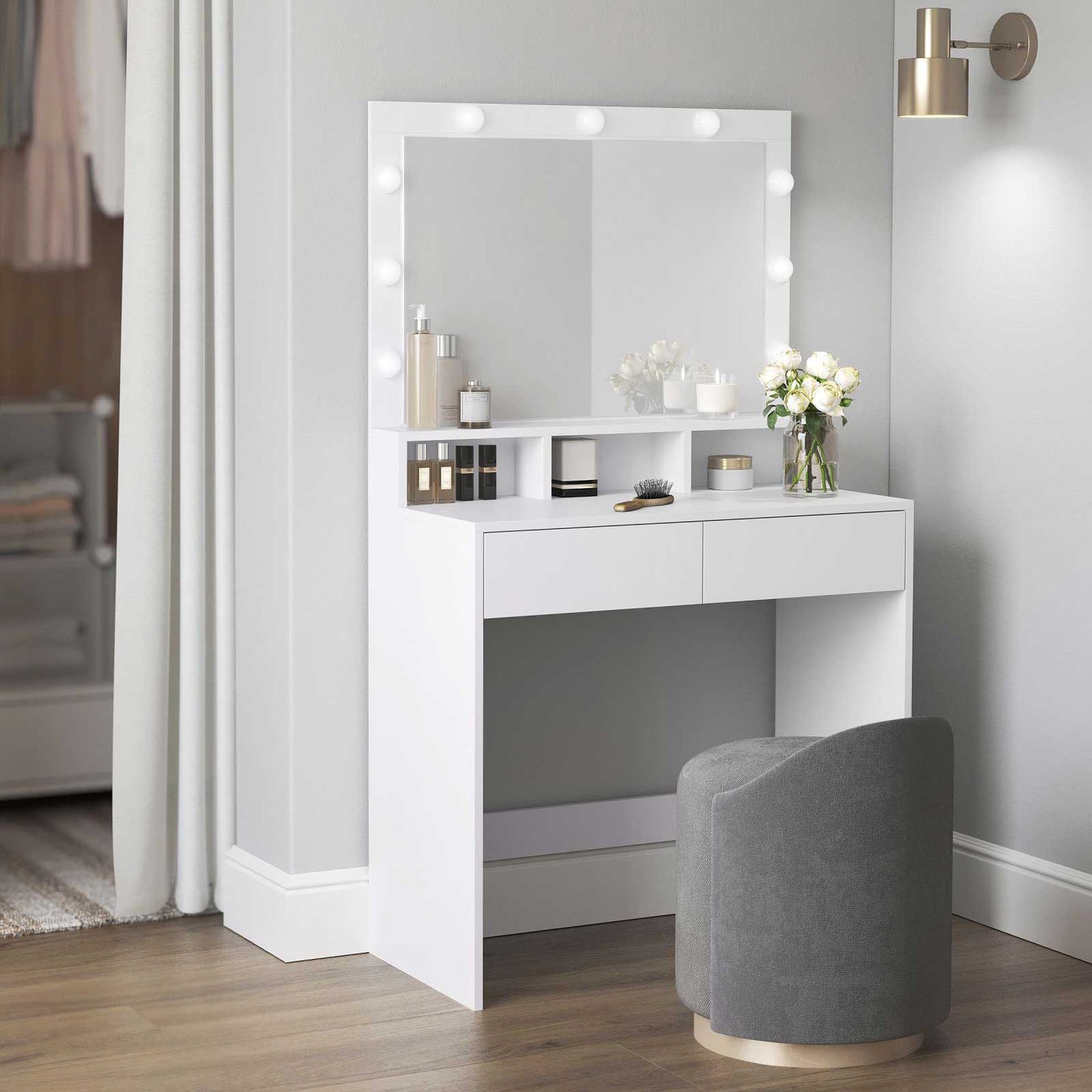 Toeletta trucco, Toeletta, Tavolo da trucco, Grande specchio, Luce LED, 2 Cassetti, 3 Scomparti, Vasagle