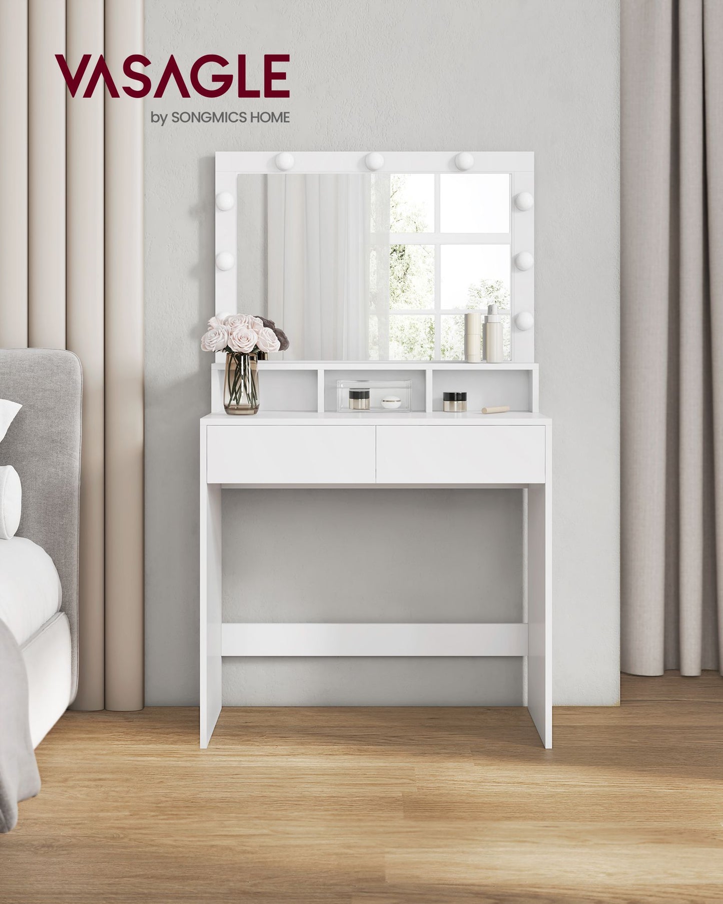 Toeletta trucco, Toeletta, Tavolo da trucco, Grande specchio, Luce LED, 2 Cassetti, 3 Scomparti, Vasagle, 5