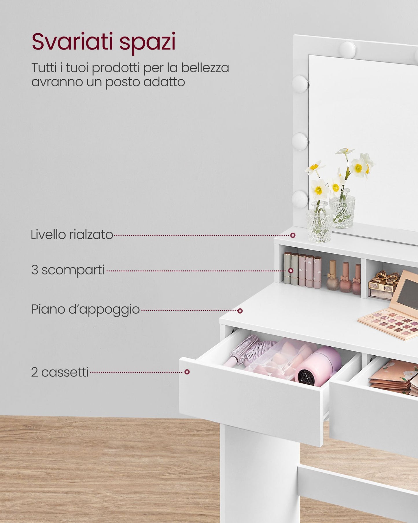 Toeletta trucco, Toeletta, Tavolo da trucco, Grande specchio, Luce LED, 2 Cassetti, 3 Scomparti, Vasagle, 2