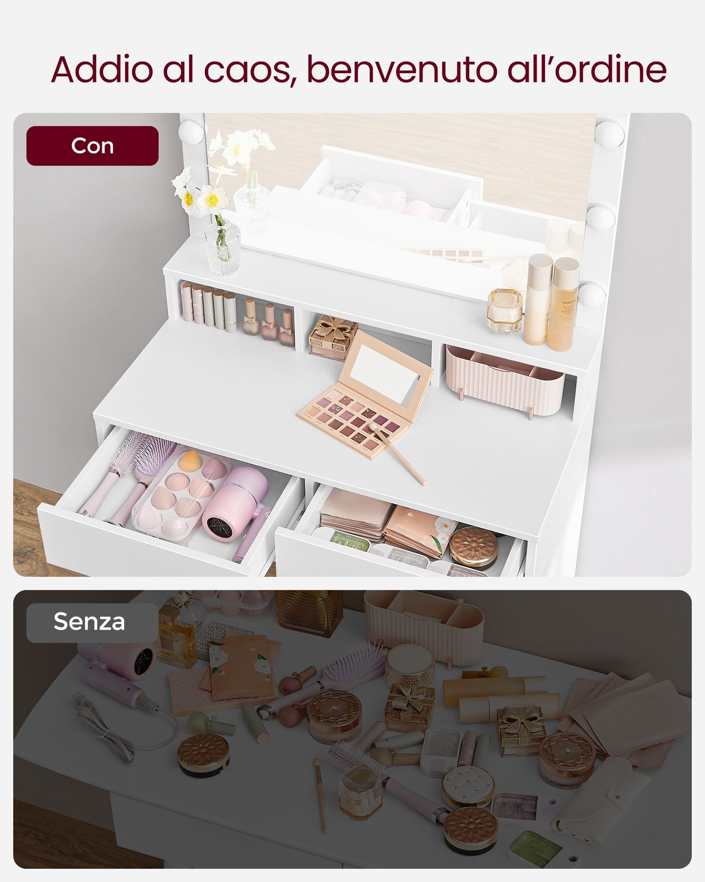 Toeletta trucco, Toeletta, Tavolo da trucco, Grande specchio, Luce LED, 2 Cassetti, 3 Scomparti, Vasagle, 3