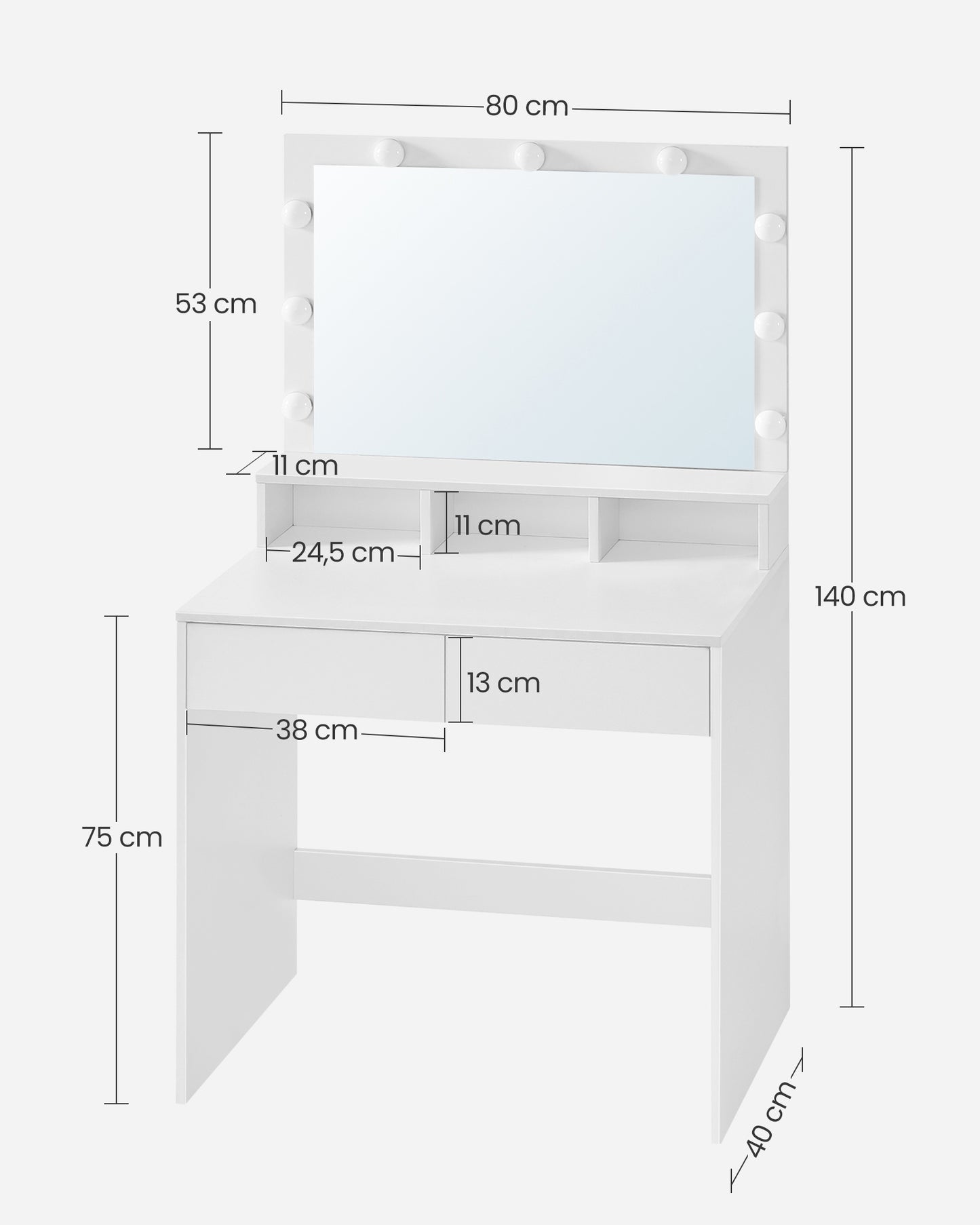 Toeletta trucco, Toeletta, Tavolo da trucco, Grande specchio, Luce LED, 2 Cassetti, 3 Scomparti, Vasagle, 6