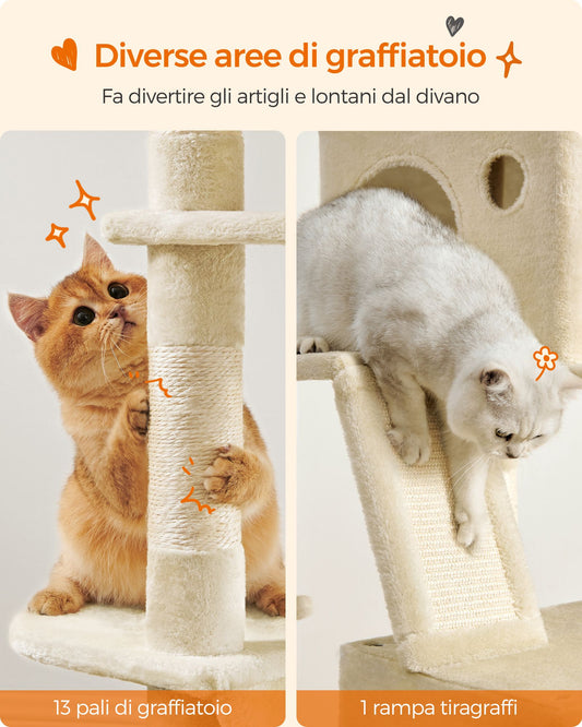 Tiragraffi, Albero per gatti, Alto 206 cm, 13 graffiatoi, 2 posatoi, 2 grotte, Cesto, Pompon, in Peluche, Beige, Feandrea, 1
