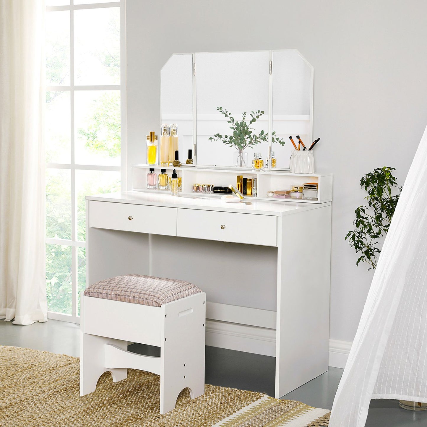Toeletta, Specchio pieghevole, Tavolo da trucco, Postazione trucco, Moderno, Toeletta trucco, Bianco, Vasagle