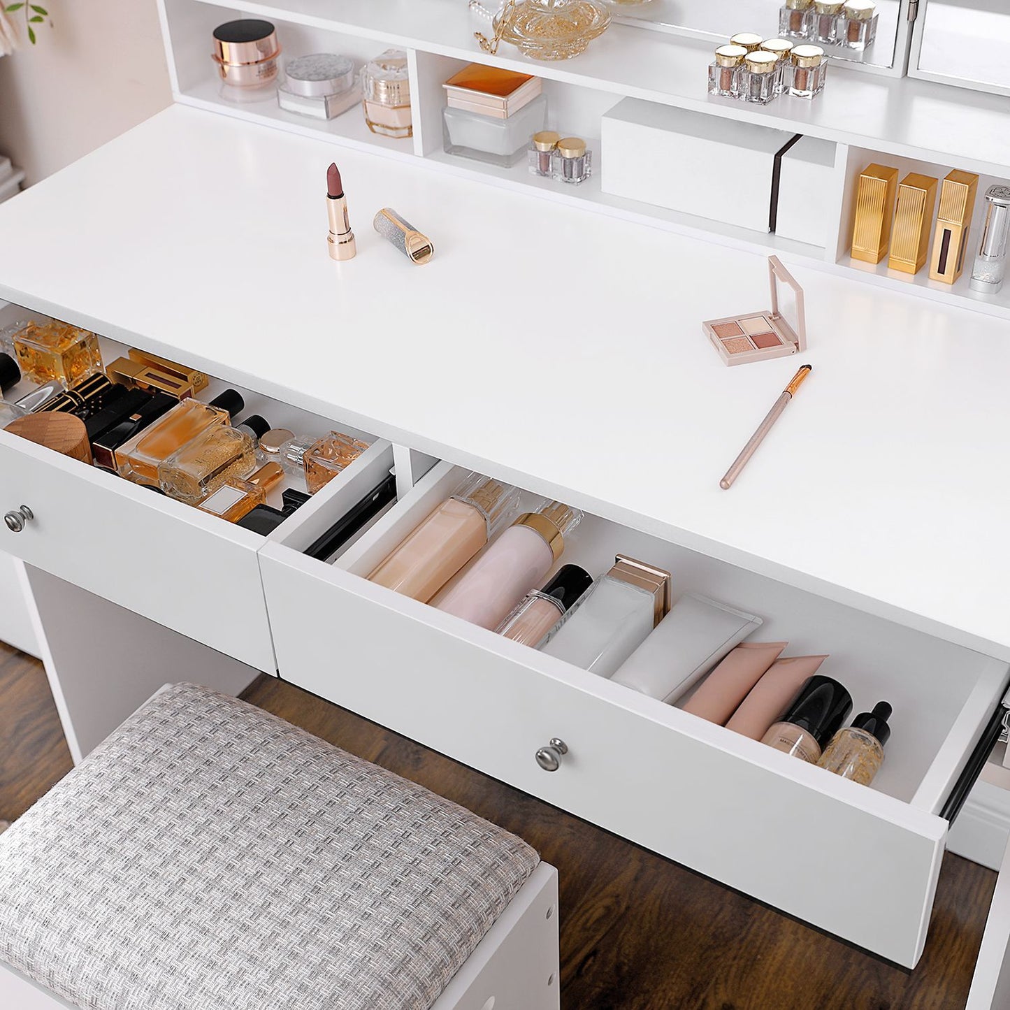 Toeletta, Specchio pieghevole, Tavolo da trucco, Postazione trucco, Moderno, Toeletta trucco, Bianco, Vasagle, 2