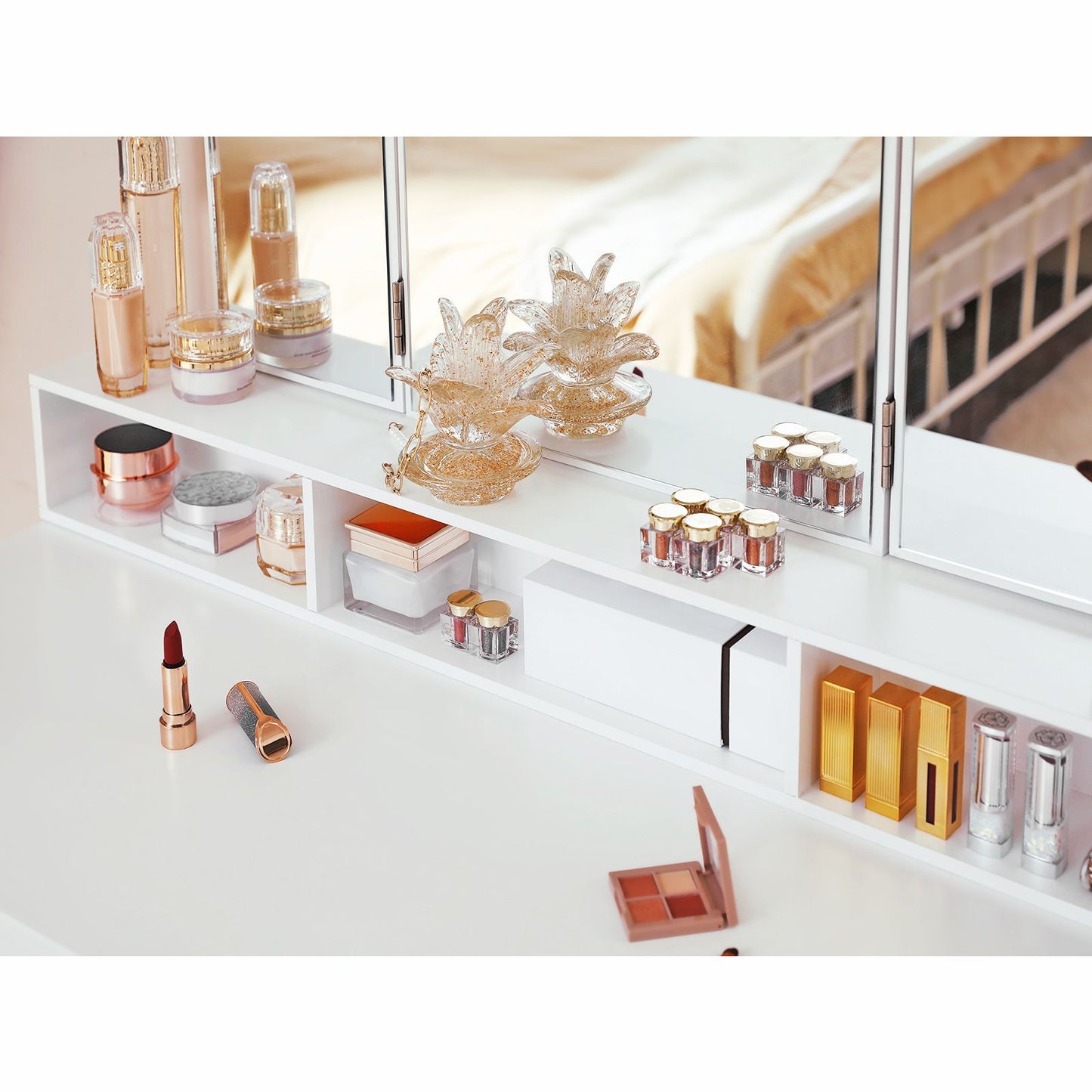 Toeletta, Specchio pieghevole, Tavolo da trucco, Postazione trucco, Moderno, Toeletta trucco, Bianco, Vasagle, 3