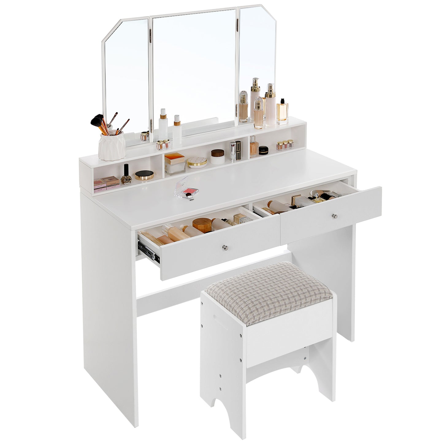 Toeletta, Specchio pieghevole, Tavolo da trucco, Postazione trucco, Moderno, Toeletta trucco, Bianco, Vasagle, 4