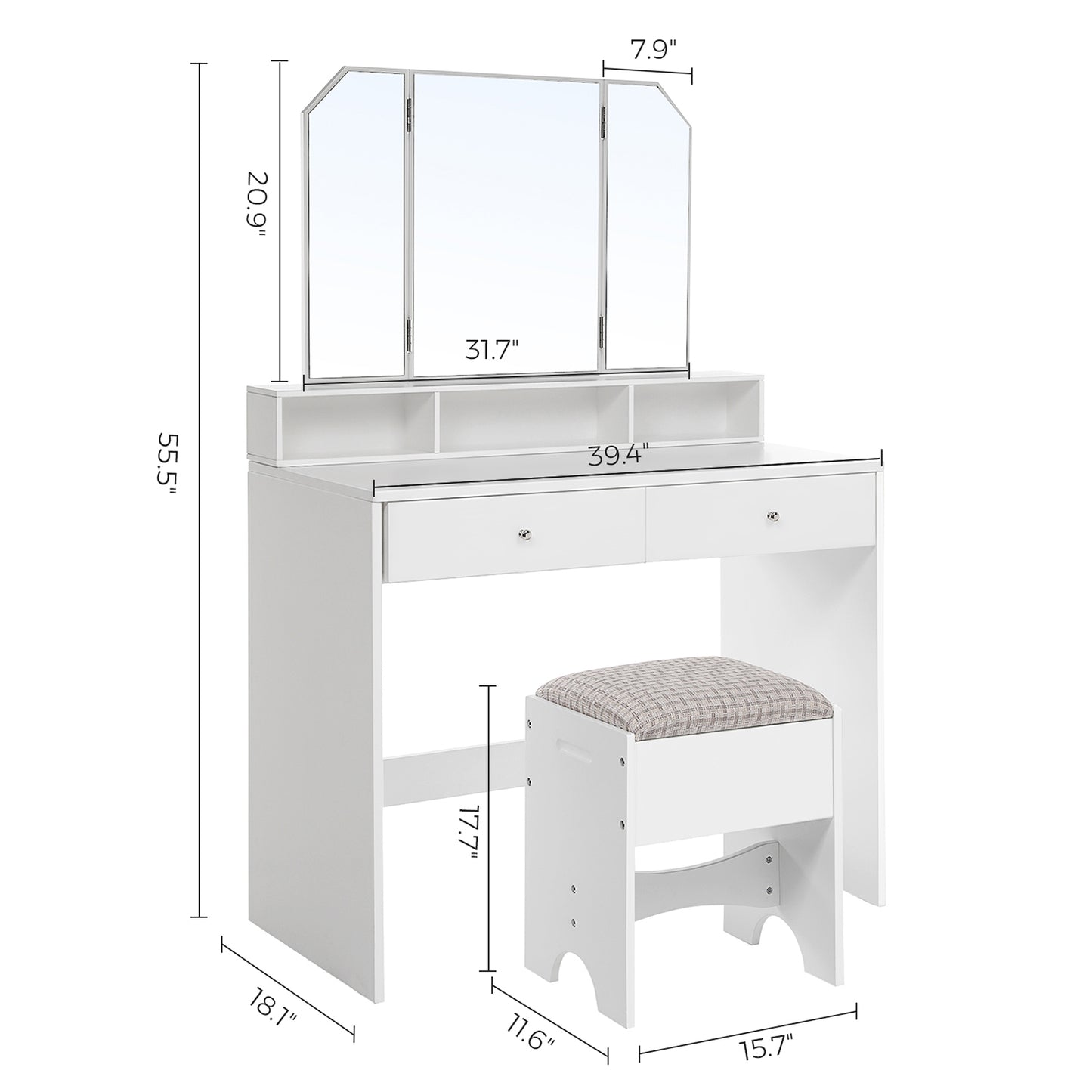 Toeletta, Specchio pieghevole, Tavolo da trucco, Postazione trucco, Moderno, Toeletta trucco, Bianco, Vasagle, 5
