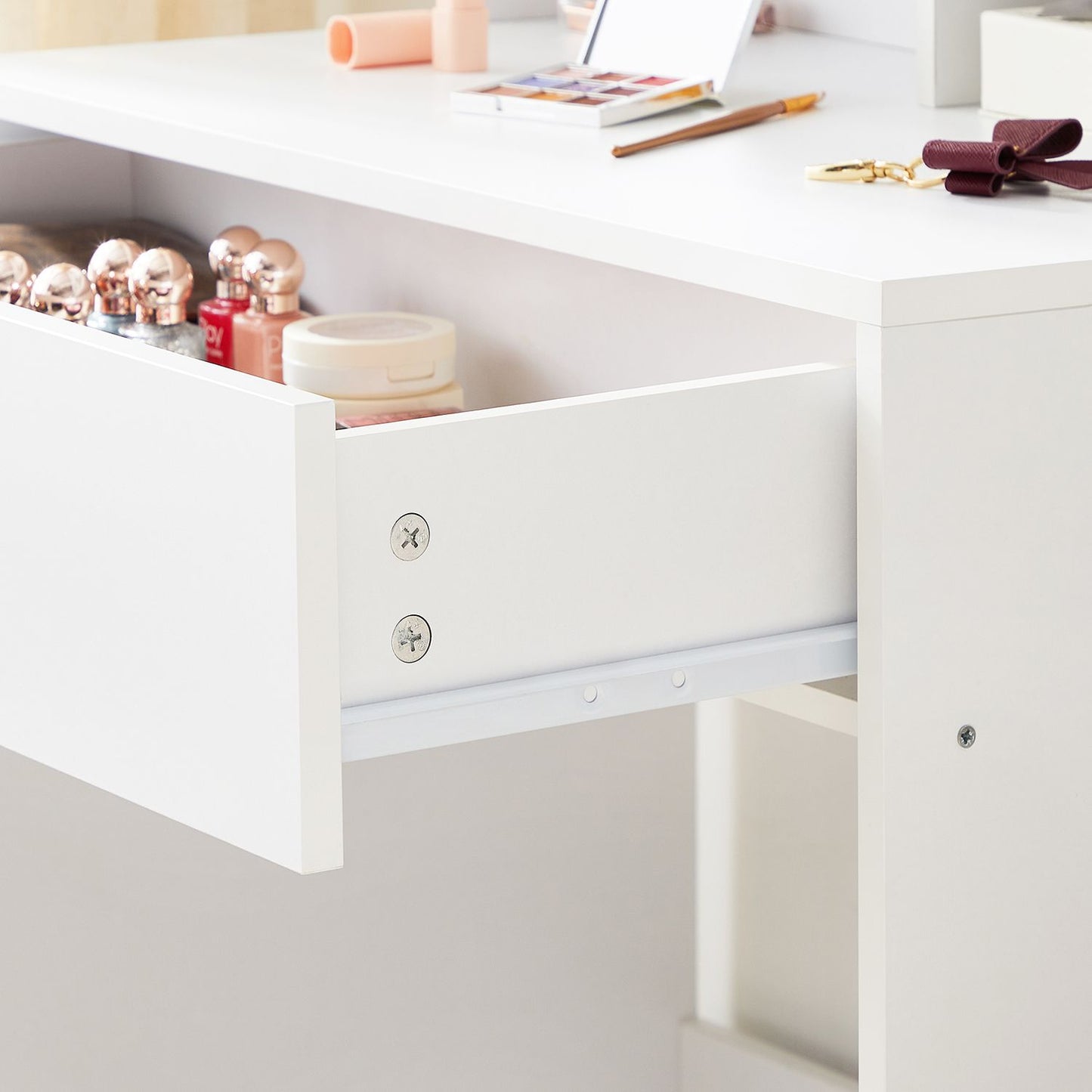 Toeletta trucco, Toeletta, Tavolo trucco, con armadietto specchiera e cassetto, Ripiani regolabili, Bianco, Vasagle, 6