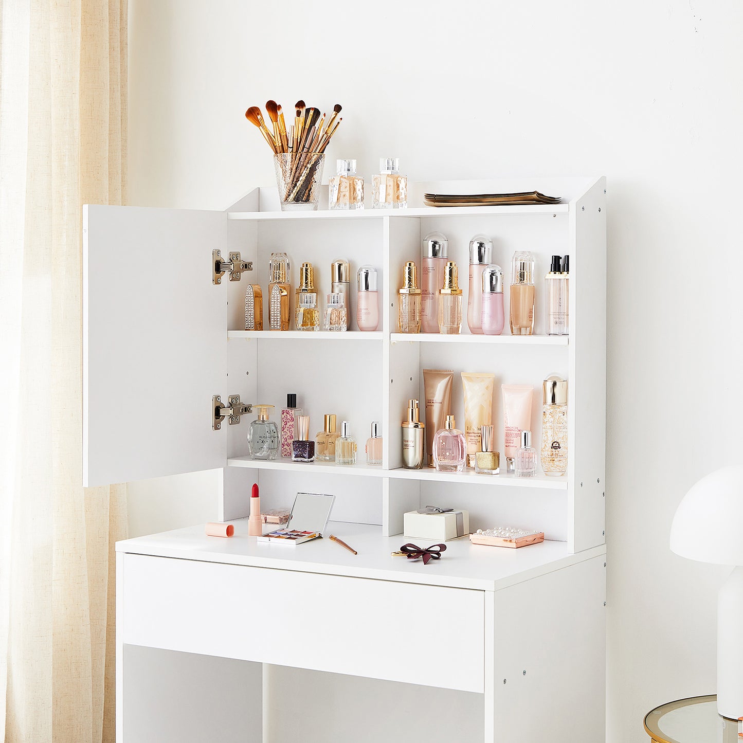 Toeletta trucco, Toeletta, Tavolo trucco, con armadietto specchiera e cassetto, Ripiani regolabili, Bianco, Vasagle, 2