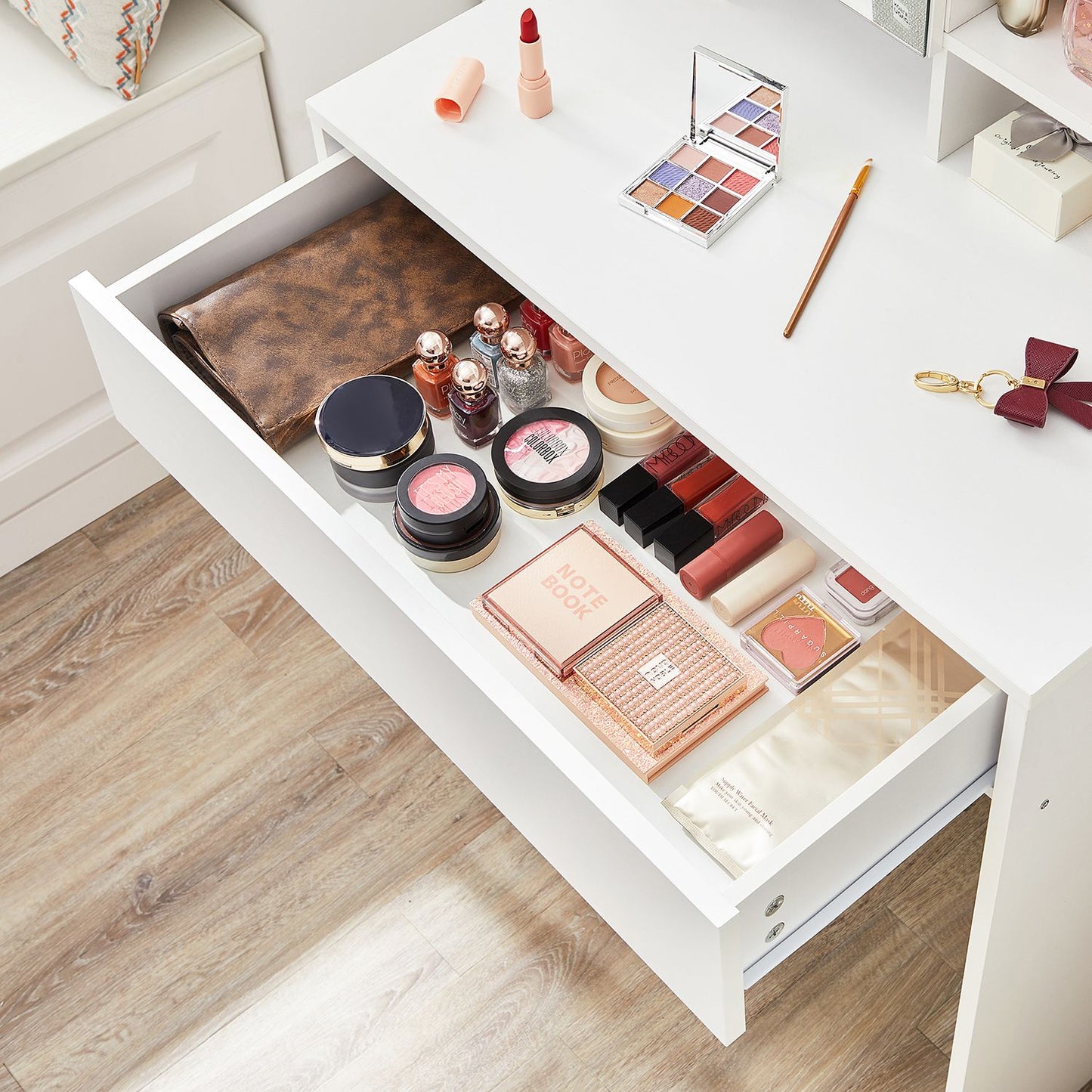 Toeletta trucco, Toeletta, Tavolo trucco, con armadietto specchiera e cassetto, Ripiani regolabili, Bianco, Vasagle, 3