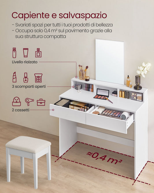 Toeletta trucco, Toeletta con specchio, Toeletta, con 2 сassetti e 3 scomparti, Tavolo da trucco, Vasagle, 1
