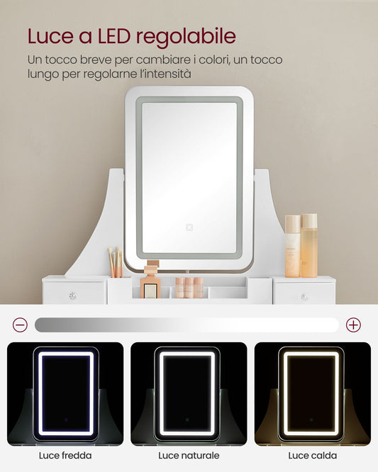 Toeletta, Toeletta trucco, luci LED, con specchio, Girevole 360°, Sgabello imbottito, 5 Cassetti, Vasagle, 1