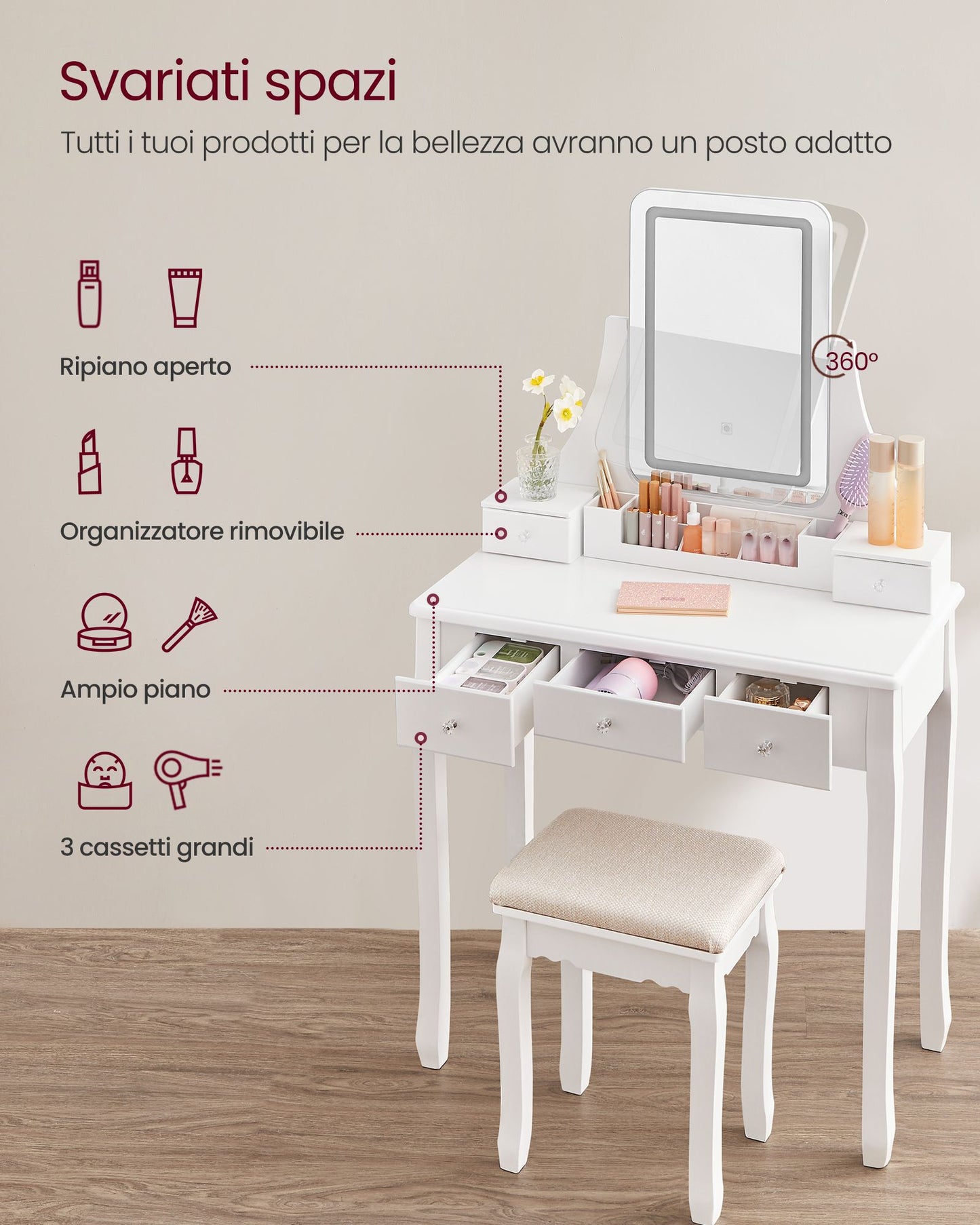 Toeletta, Toeletta trucco, luci LED, con specchio, Girevole 360°, Sgabello imbottito, 5 Cassetti, Vasagle, 2