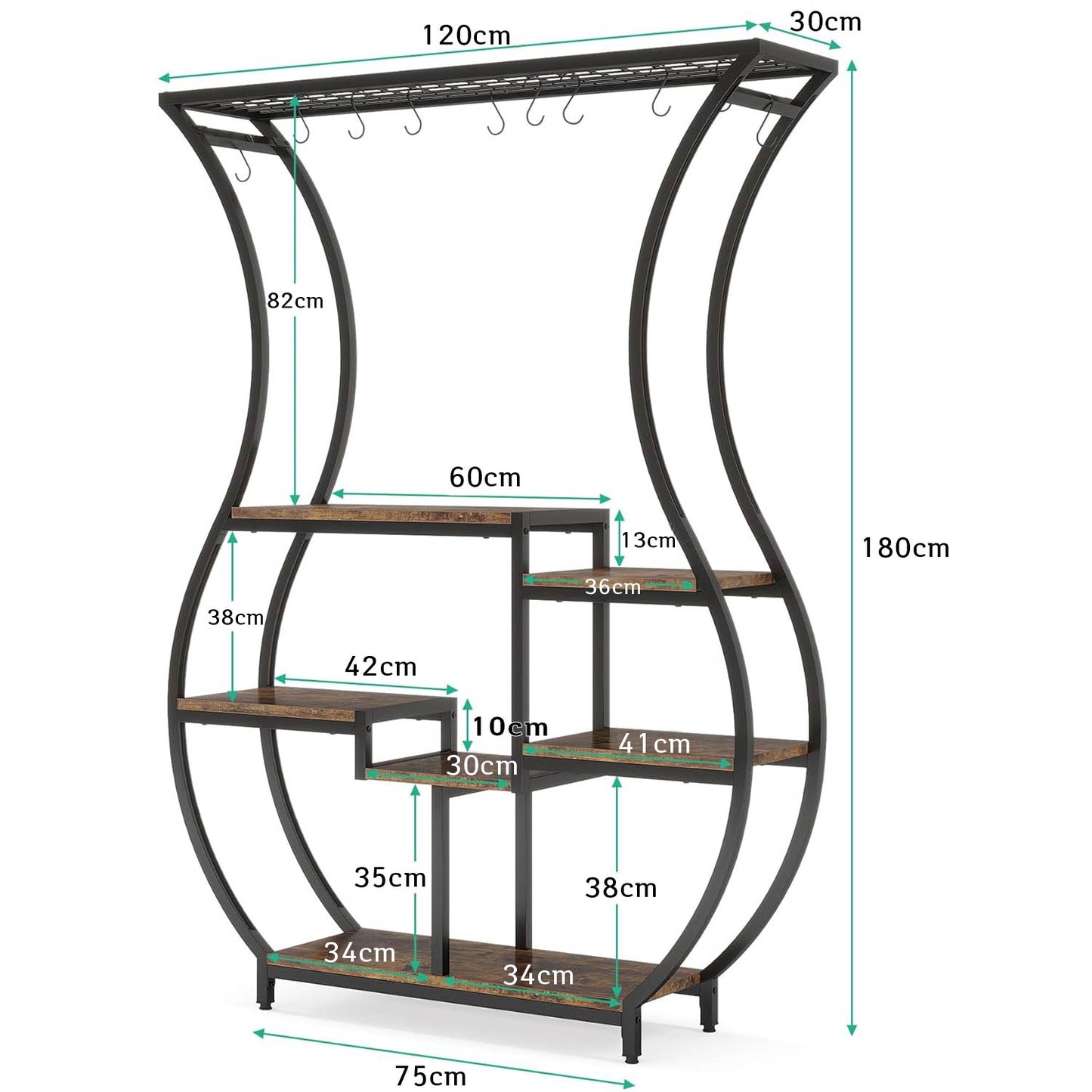 Scaffale, Fioriera, Fioriera da Esterno, Supporto per Piante, Scaffale per Piante a 6 Livelli, Marrone e Nero, Tribesigns, 8