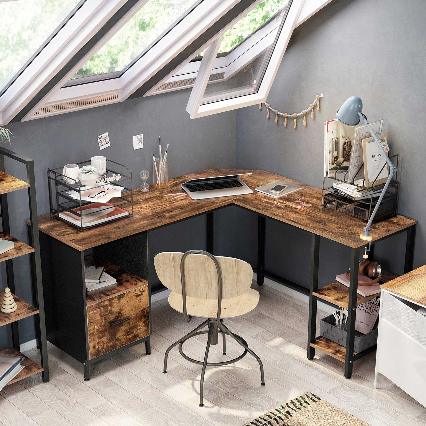 Scrivania Angolare, Scrivania Ufficio, Scrivania PC, con 2 Ripiani, Scrivania Studio, Marrone Vintage e Nero, Vasagle, 1